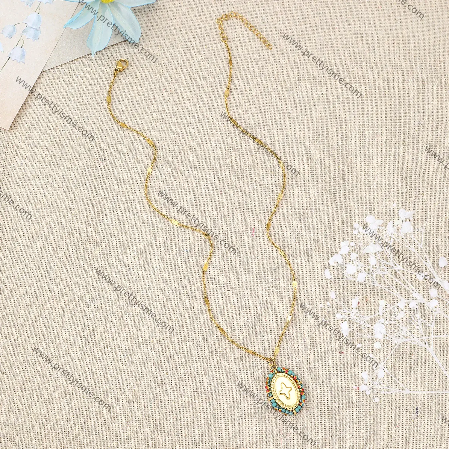 Stainless Steel Pendant Necklace Small Color Stone Beaded Engraved Cross Pattern Gold Plated Necklace (4).webp