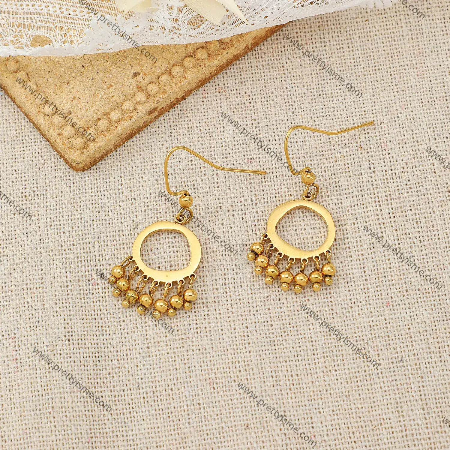 European Gold Plated Earrings Ring Pierced Small Beaded Delicate Stainless Steel Earrings.webp