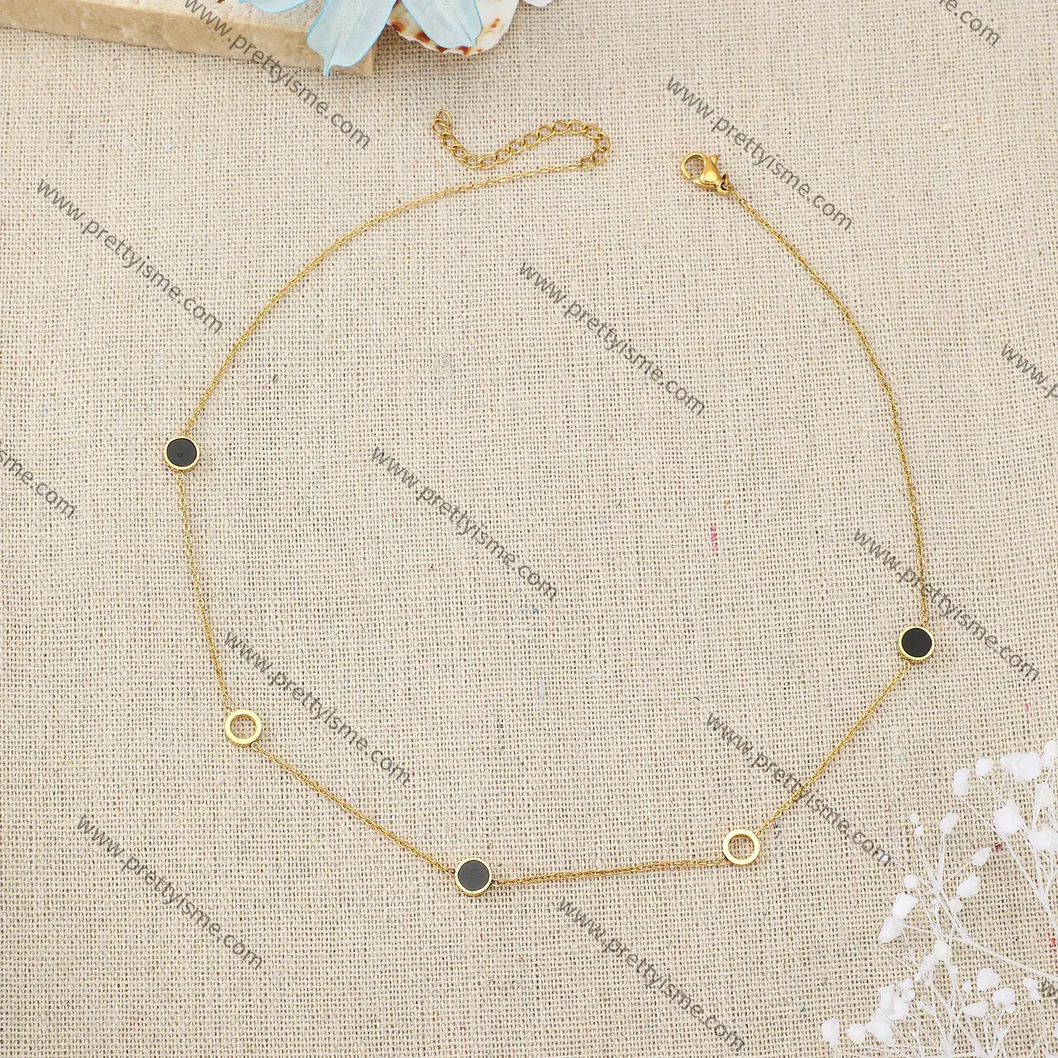 All-matched Stainless Steel Pendant Necklace Black Stone Inlaid Band Small Ring Gold Plated Necklace.webp