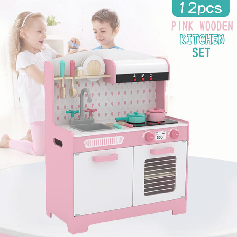 Kids Pretend Cooking Set Pink Wooden Kitchen Toys Play Set With Sound And Light