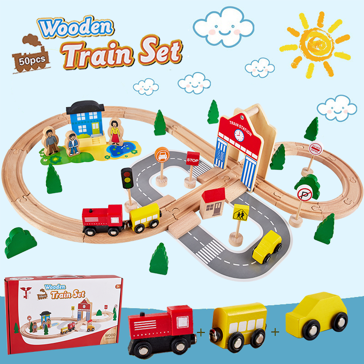 Wooden educational train slot toy wholesale 50pcs of large track toy set