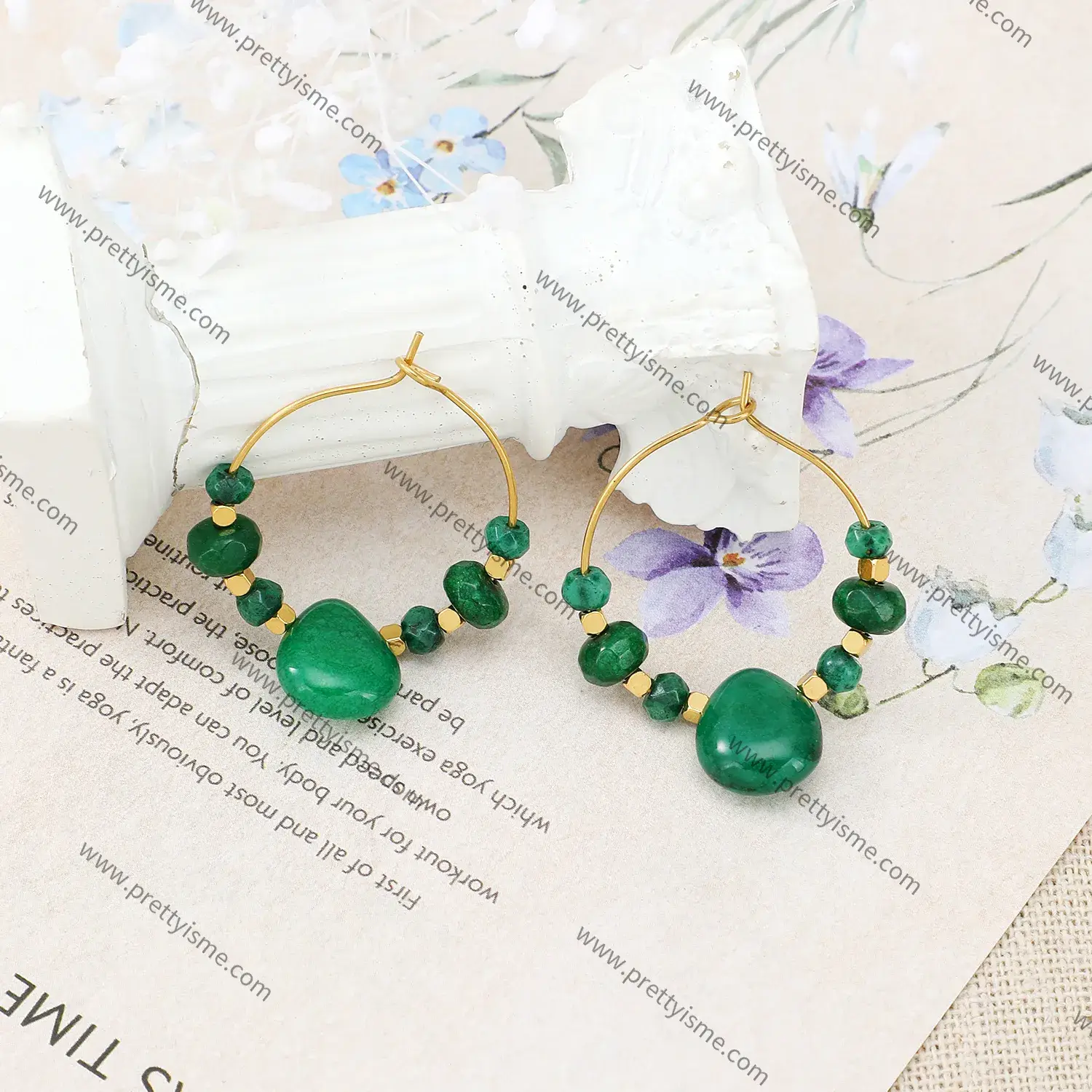 Delicate Round Earrings Green Natural Stone Gold Plated Square Stainless Steel Fashion Earrings.webp