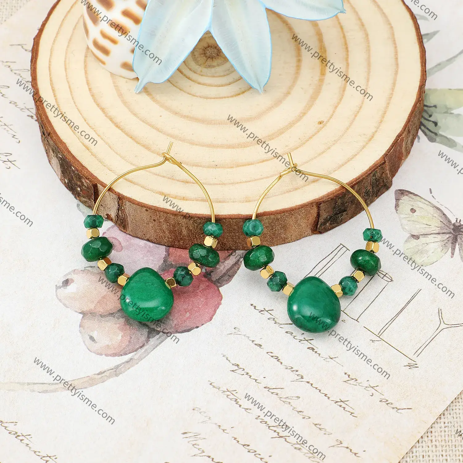 Delicate Round Earrings Green Natural Stone Gold Plated Square Stainless Steel Fashion Earrings (4).webp