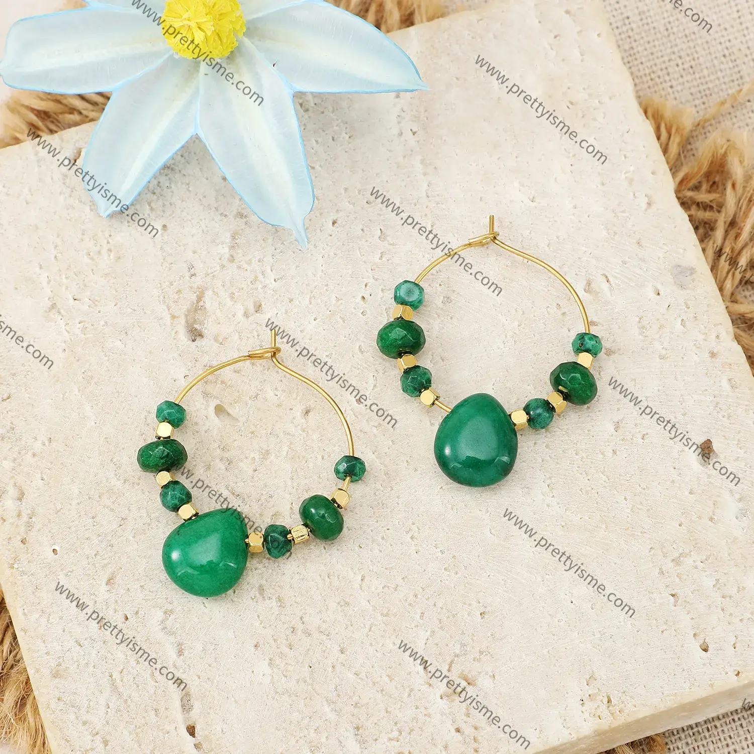 Delicate Round Earrings Green Natural Stone Gold Plated Square Stainless Steel Fashion Earrings (2).webp