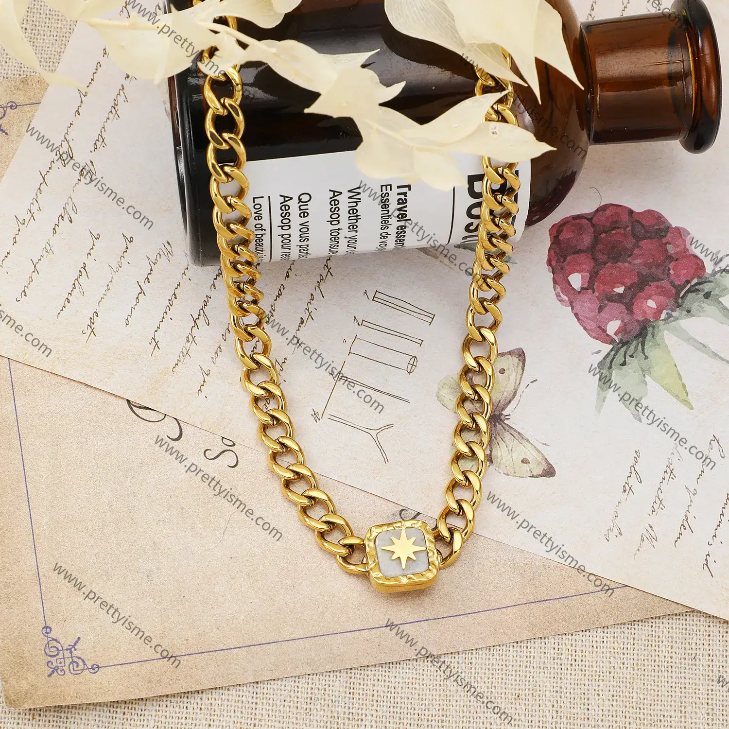 Stainless Steel Necklace Pendant Set with White Stone Gold Plated Small Square Necklace with Stars (3).webp
