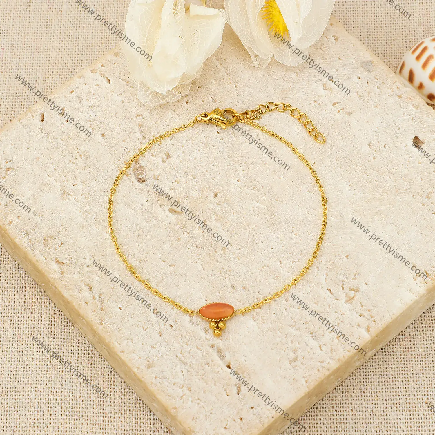Thin Chain Korean Bracelet Set with Orange Gemstones Gold Plated Beaded Bracelet (2).webp