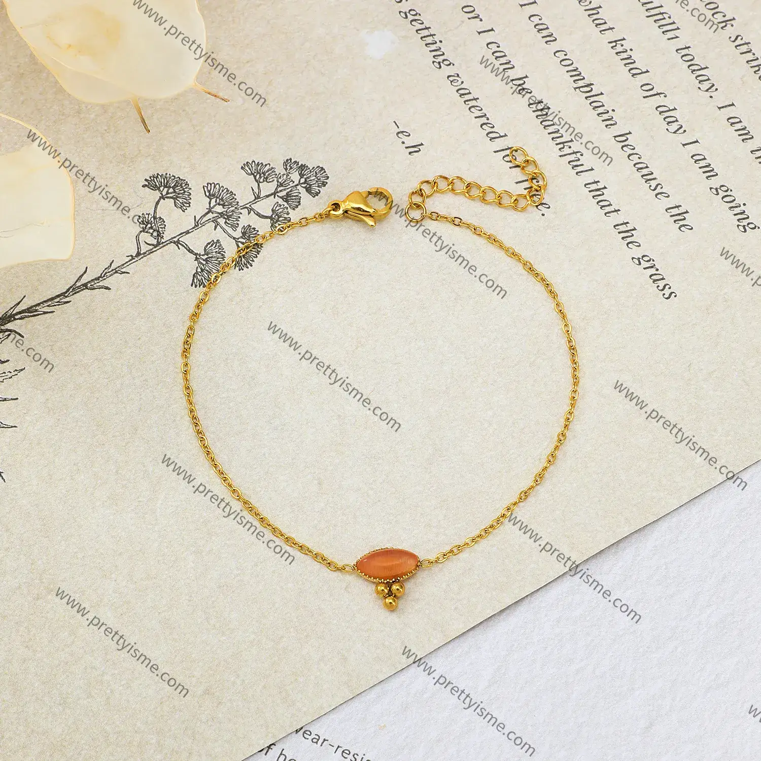Thin Chain Korean Bracelet Set with Orange Gemstones Gold Plated Beaded Bracelet.webp