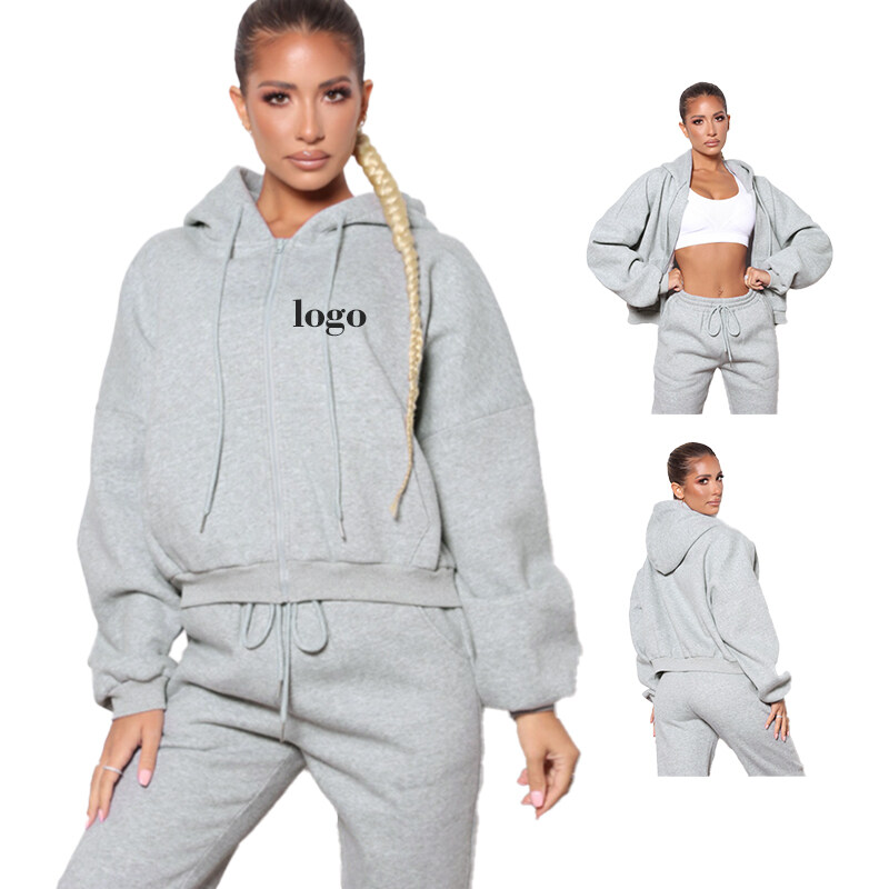 Custom Casual Fleece Women Slim Fit Zip Up Hoodie Two Piece Sweatpants Set