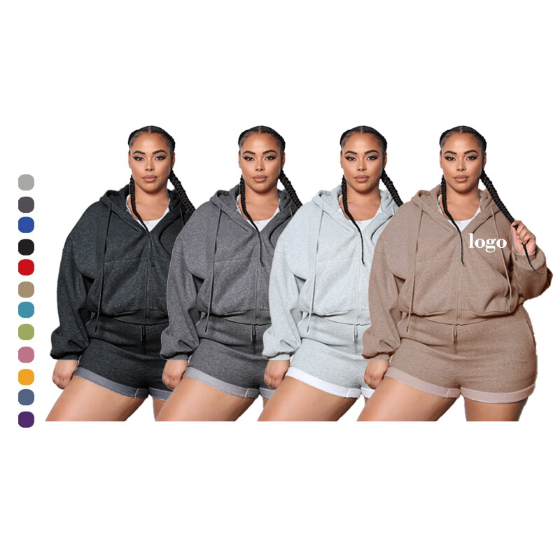 Custom Casual Fleece Women Plus Size Full Zip Up Hoodie Two Piece Sweatpants Set