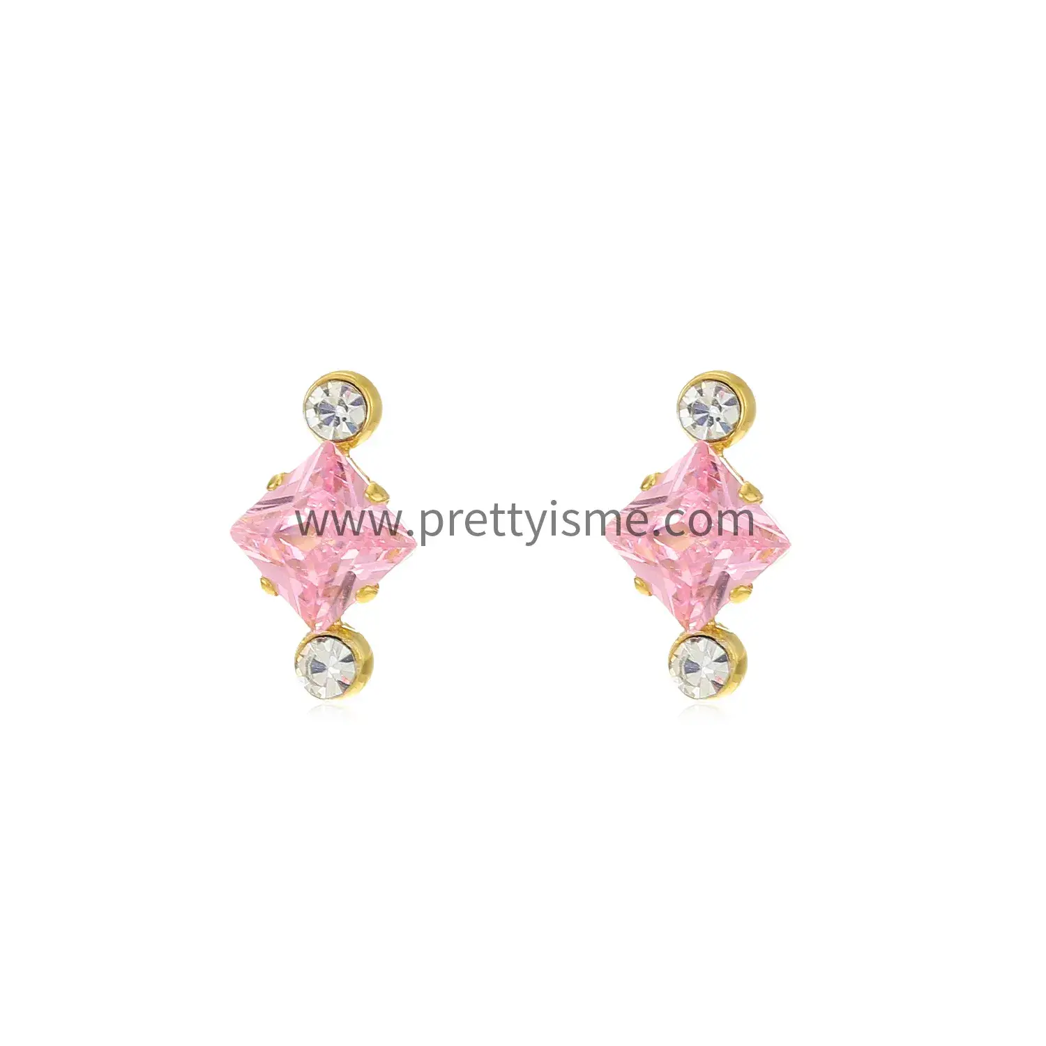 Simple Earrings Set with Pink Crystal Lucky Diamond Gold Plated 18K Stainless Steel Waterproof Stud Earrings (5).webp