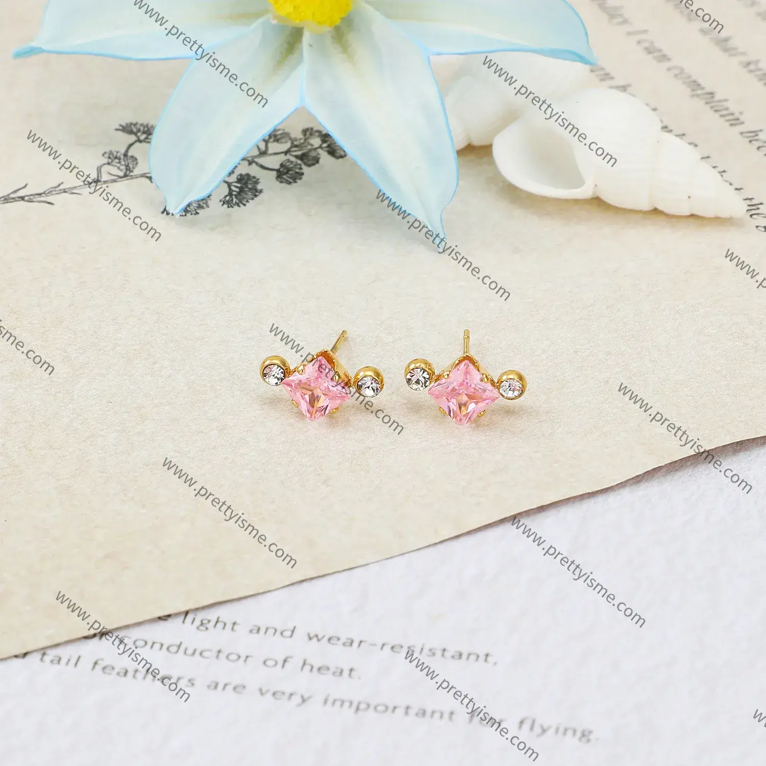 Simple Earrings Set with Pink Crystal Lucky Diamond Gold Plated 18K Stainless Steel Waterproof Stud Earrings.webp