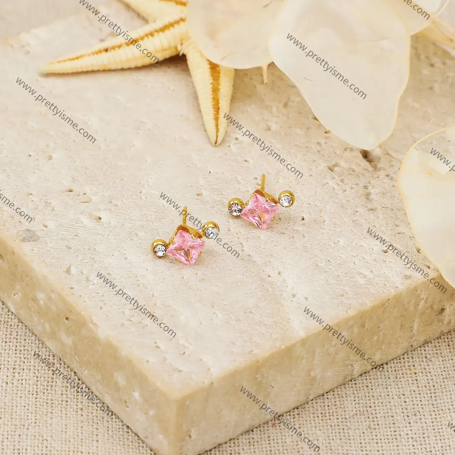 Simple Earrings Set with Pink Crystal Lucky Diamond Gold Plated 18K Stainless Steel Waterproof Stud Earrings (2).webp
