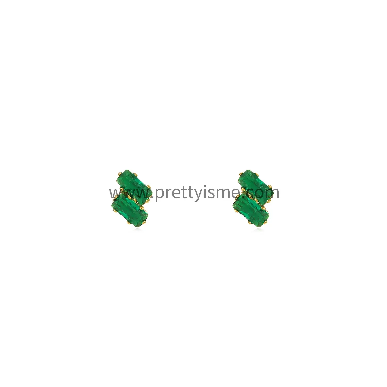 Delicate French Style Earrings Set with Dark Green Baguette Crystals Gold Plated 18K Stainless Steel Stud Earrings (5).webp