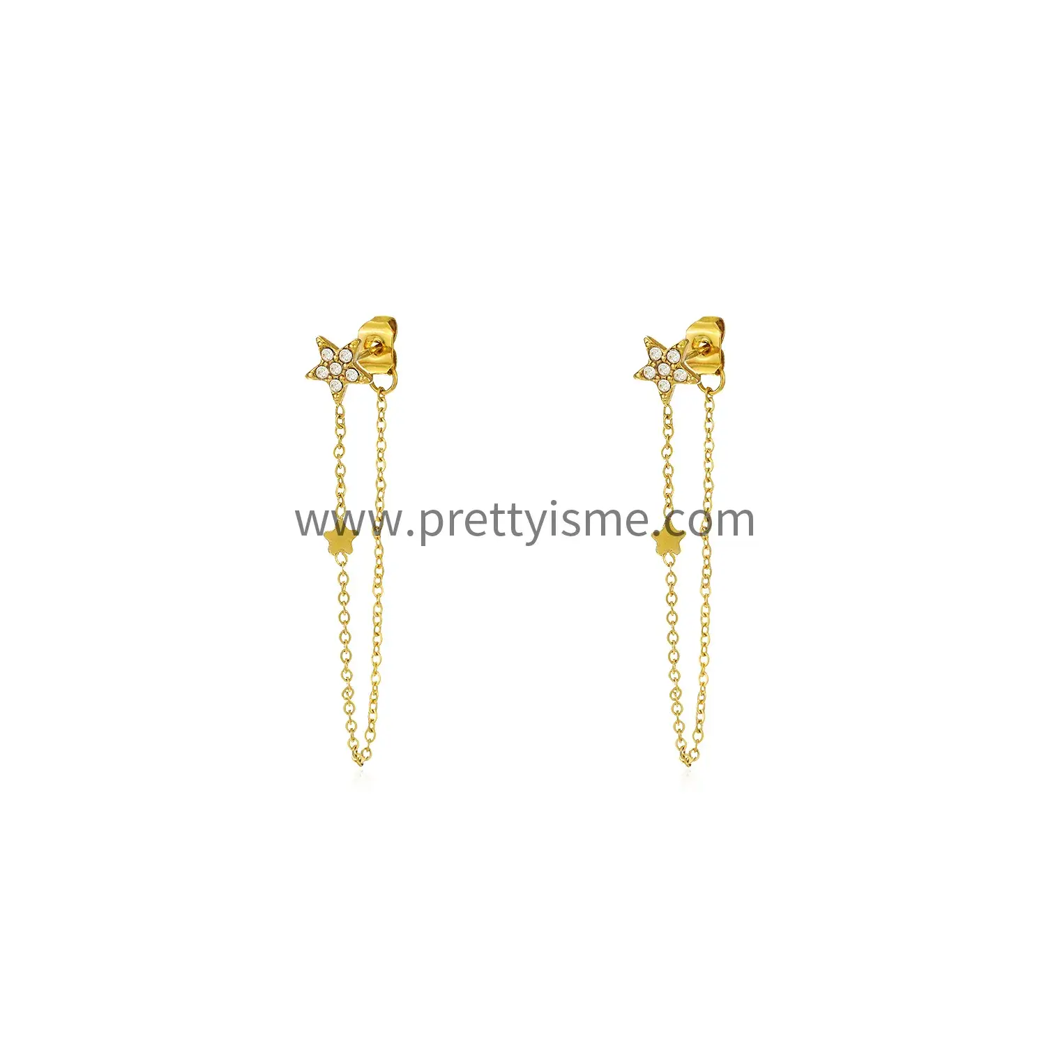 Stainless Steel Long Thin Chain Pentagonal Heart Shape Diamond Gold Plated 18K Gentle Stud Earrings (5).webp
