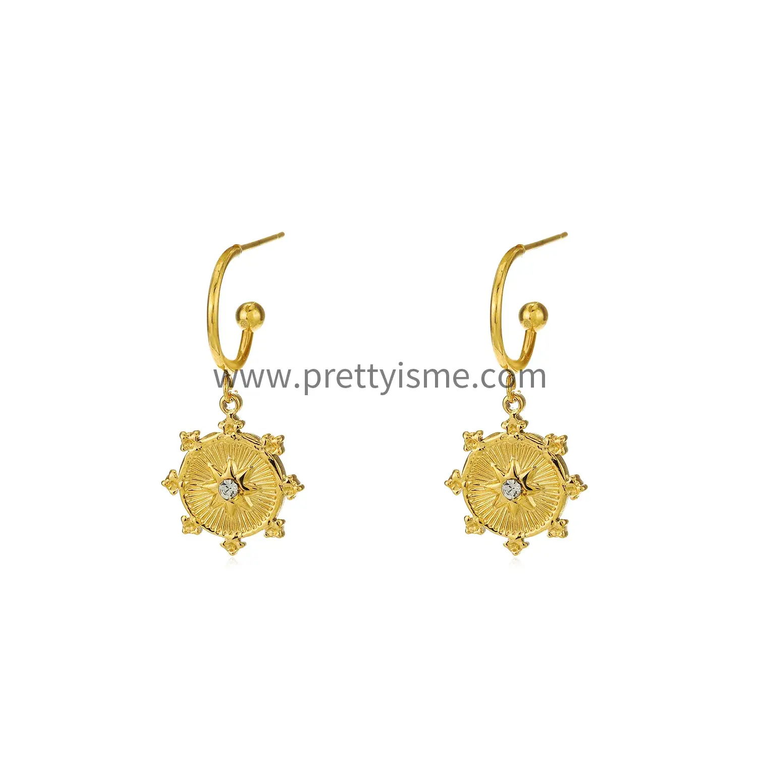 Round Earrings Simple Classic Pendant Set with Diamond Stripe Gold Plated 18K Stainless Steel Earrings (5).webp