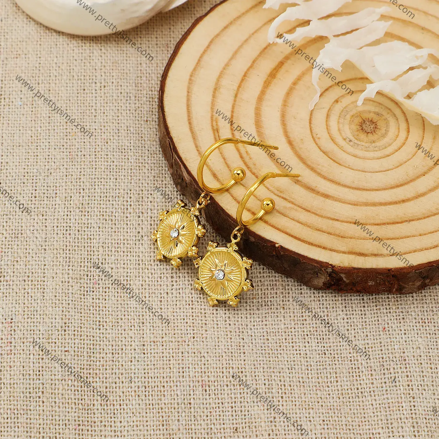 Round Earrings Simple Classic Pendant Set with Diamond Stripe Gold Plated 18K Stainless Steel Earrings (2).webp