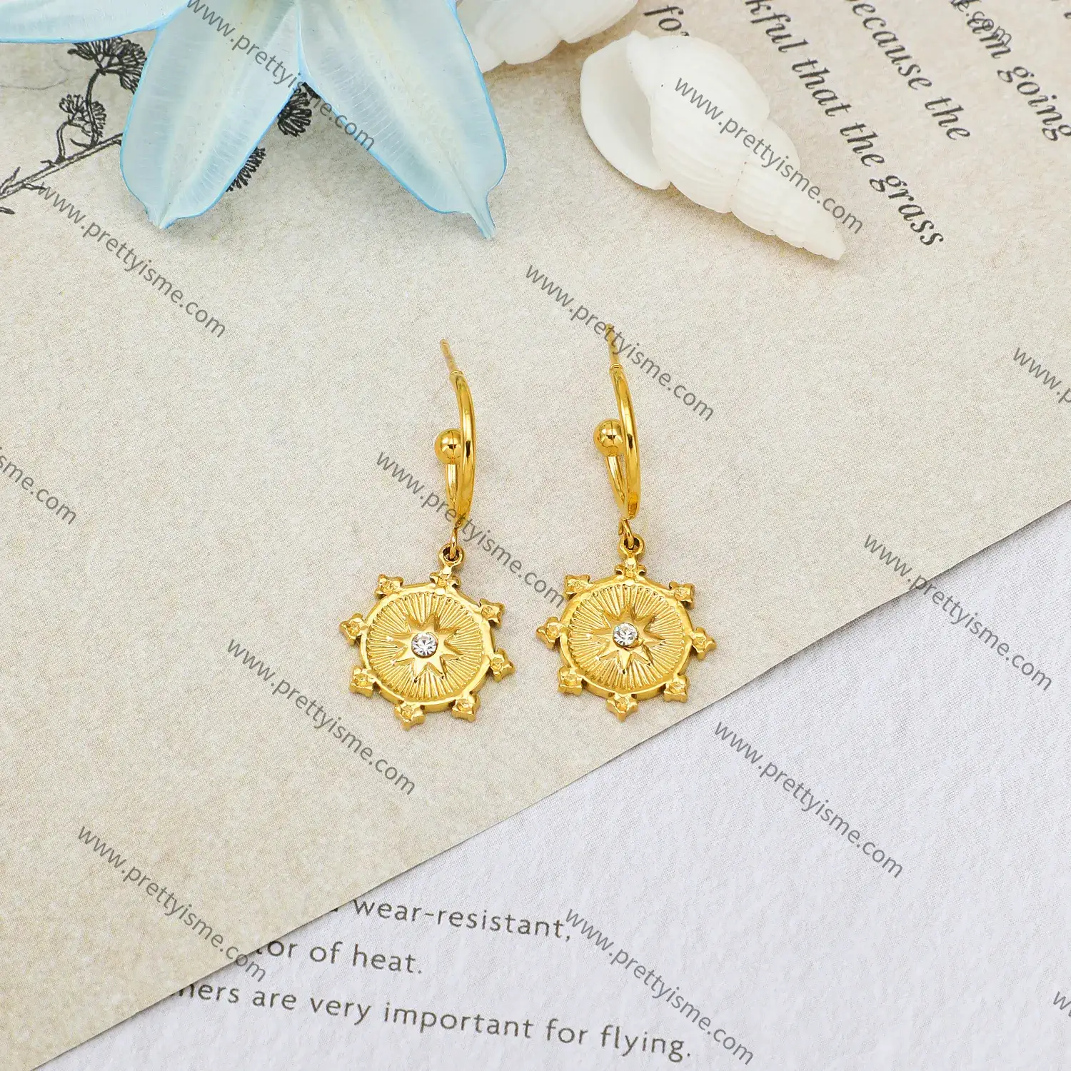 Round Earrings Simple Classic Pendant Set with Diamond Stripe Gold Plated 18K Stainless Steel Earrings.webp