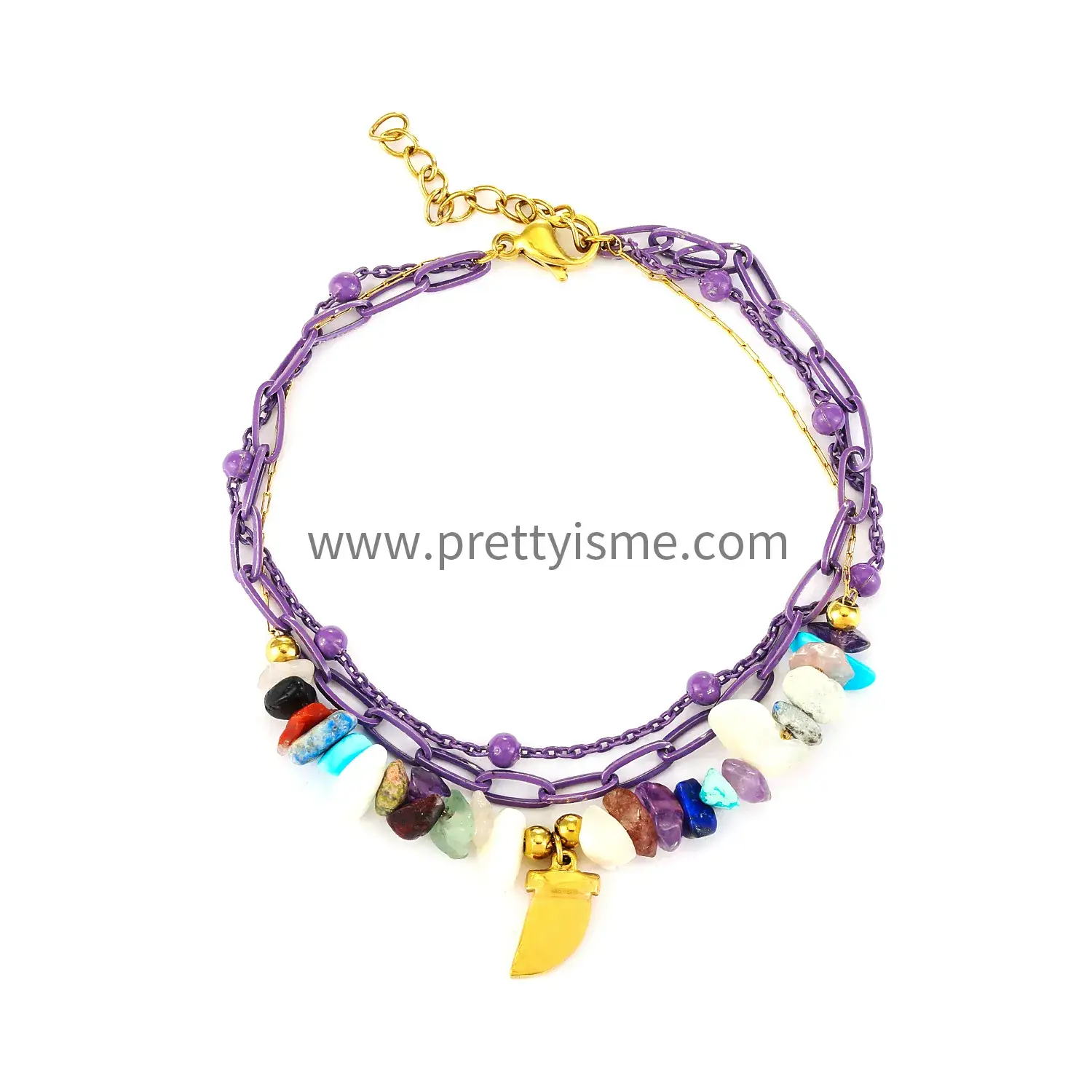 Purple two layer stainless steel gold plated 18K bracelet with colorful natural stone with charm bracelet (5).webp