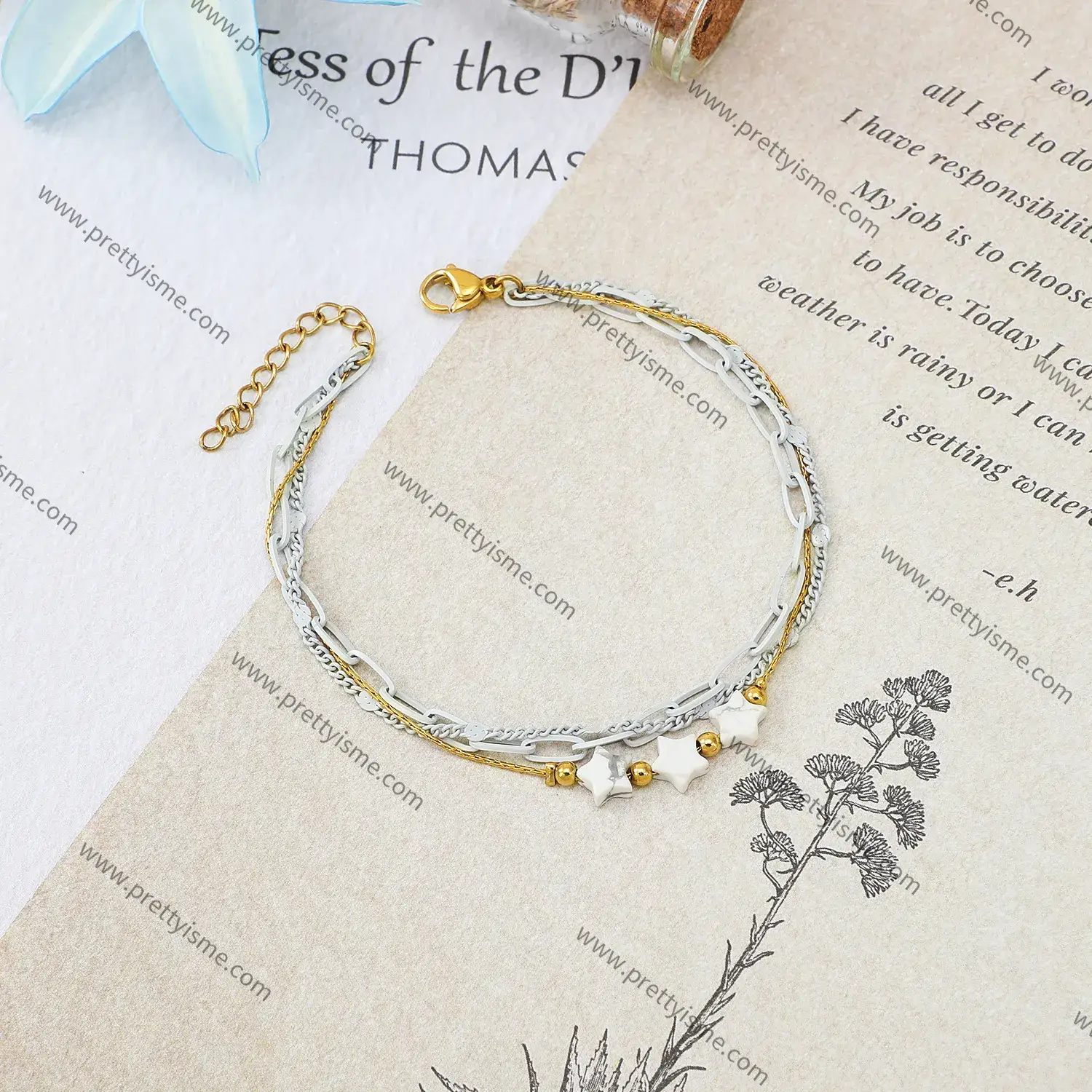 Triple Layer Stainless Steel Gold Plated 18K Bracelet Grey Gold Interwoven Stars Bracelet (2).webp