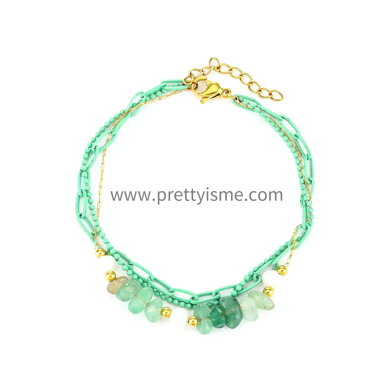Green Three Layer Stainless Steel Gold Plated 18K Bracelet Beaded With Pearl Strap Green Stone Bracelet (5).webp