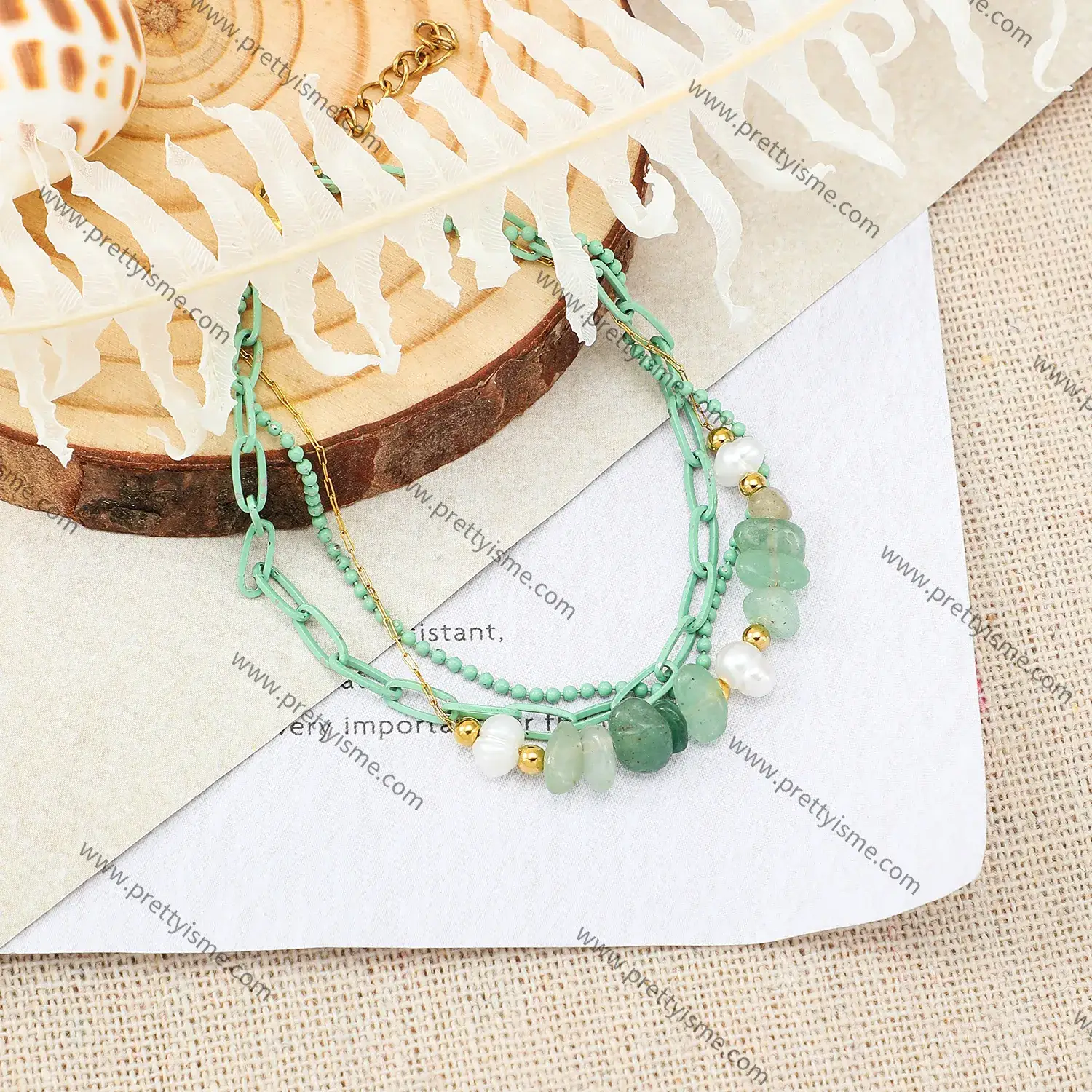Green Three Layer Stainless Steel Gold Plated 18K Bracelet Beaded With Pearl Strap Green Stone Bracelet (4).webp