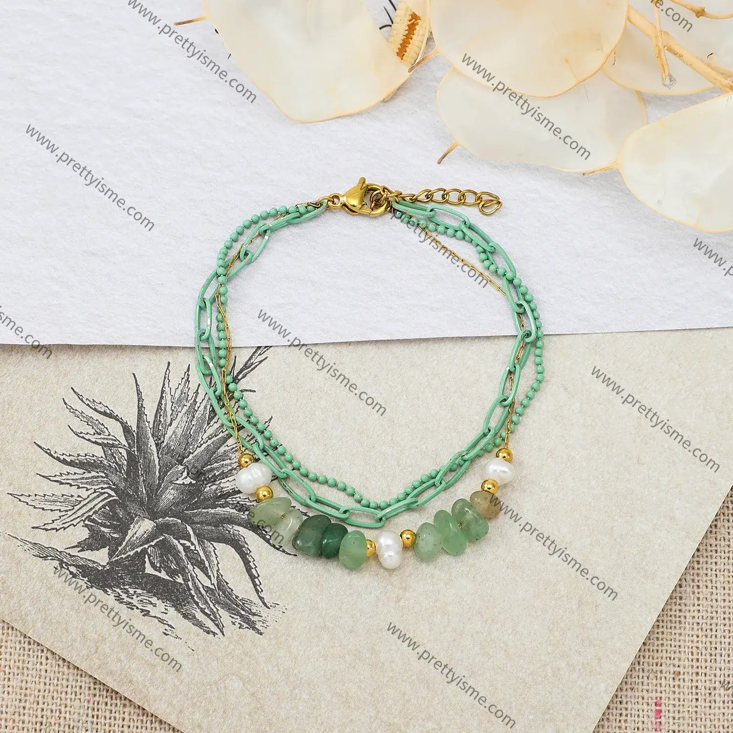 Green Three Layer Stainless Steel Gold Plated 18K Bracelet Beaded With Pearl Strap Green Stone Bracelet.webp