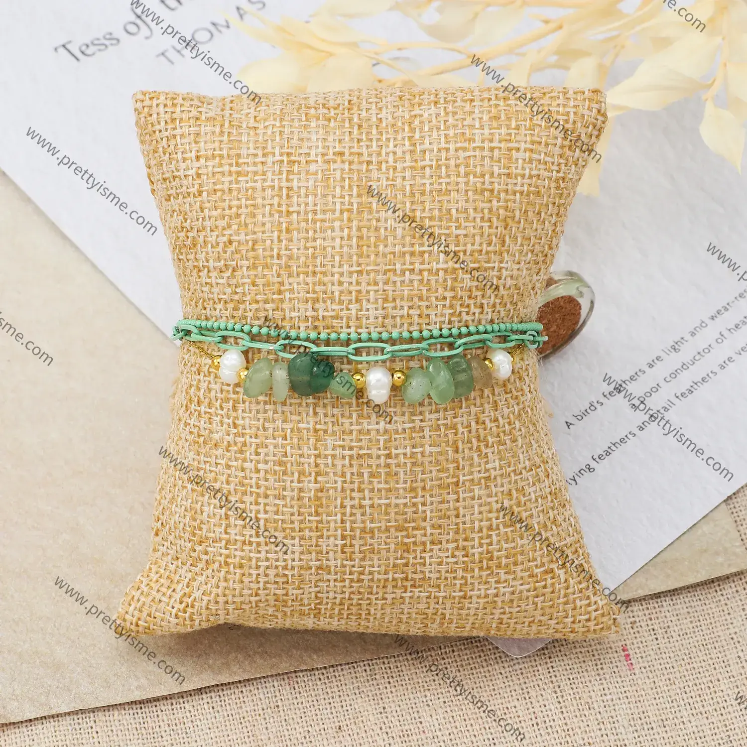 Green Three Layer Stainless Steel Gold Plated 18K Bracelet Beaded With Pearl Strap Green Stone Bracelet (2).webp