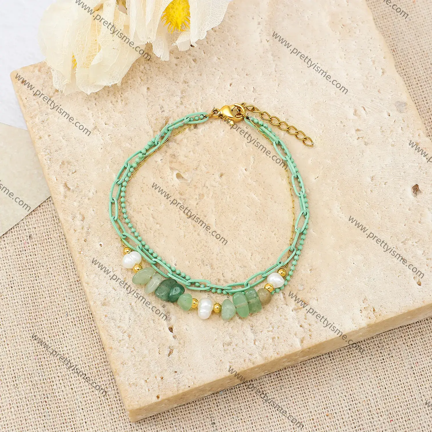 Green Three Layer Stainless Steel Gold Plated 18K Bracelet Beaded With Pearl Strap Green Stone Bracelet (3).webp