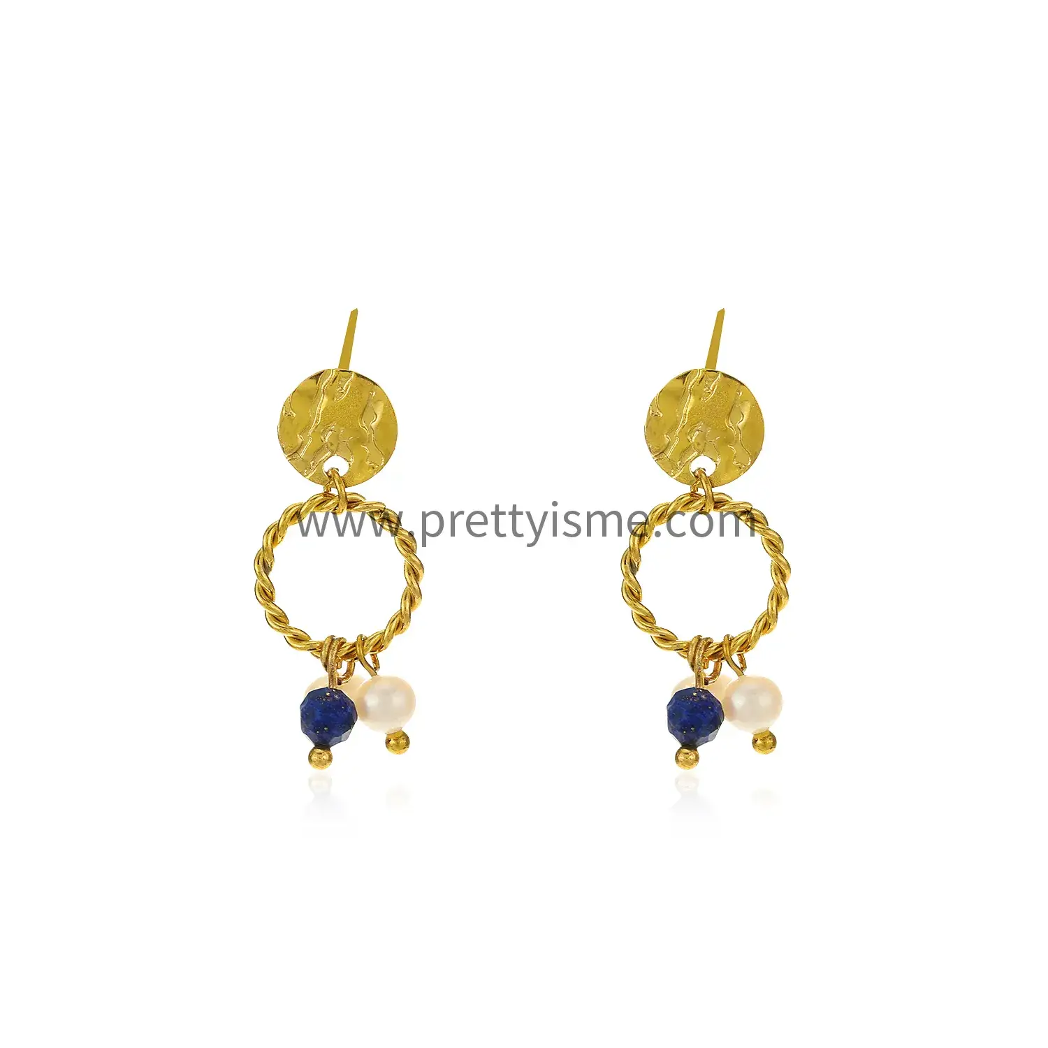 French Interwoven Hoop Earrings with Blue Pendant Stone Pearl Gold Plated 18K Stainless Steel Stud (5).webp