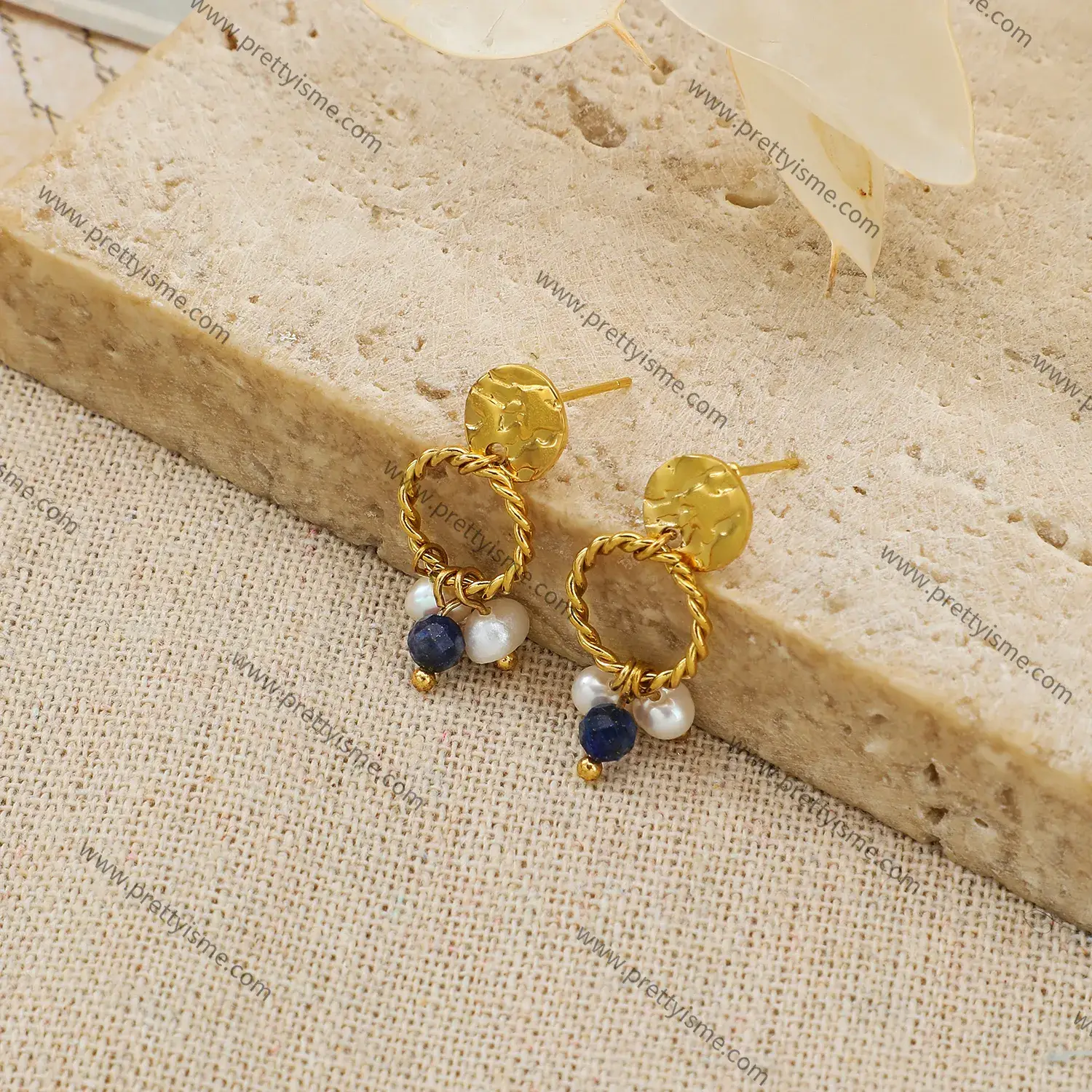 French Interwoven Hoop Earrings with Blue Pendant Stone Pearl Gold Plated 18K Stainless Steel Stud (2).webp