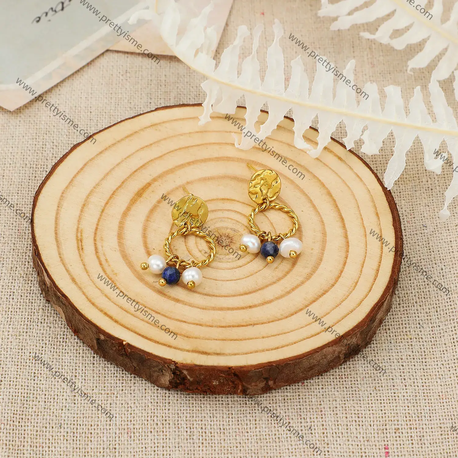 French Interwoven Hoop Earrings with Blue Pendant Stone Pearl Gold Plated 18K Stainless Steel Stud (3).webp