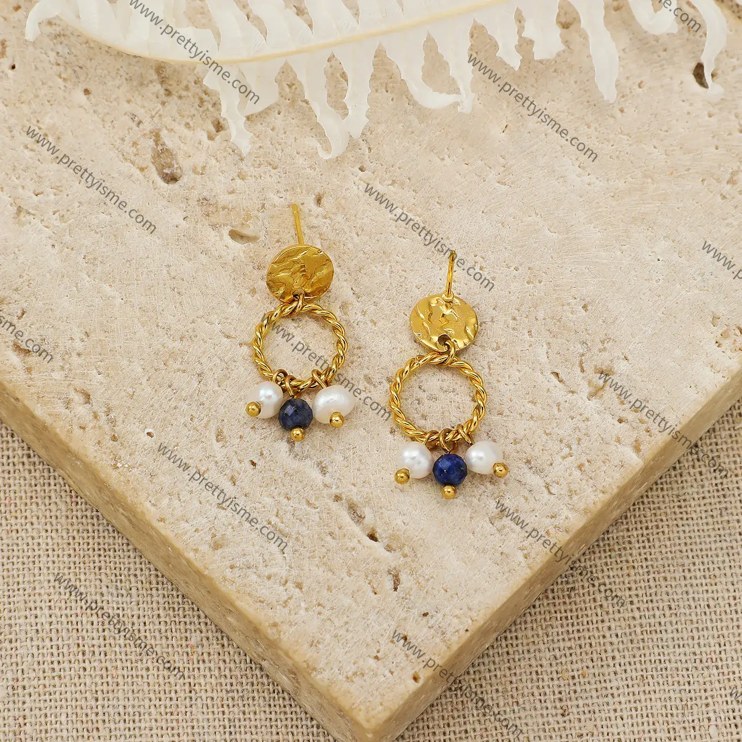 French Interwoven Hoop Earrings with Blue Pendant Stone Pearl Gold Plated 18K Stainless Steel Stud.webp