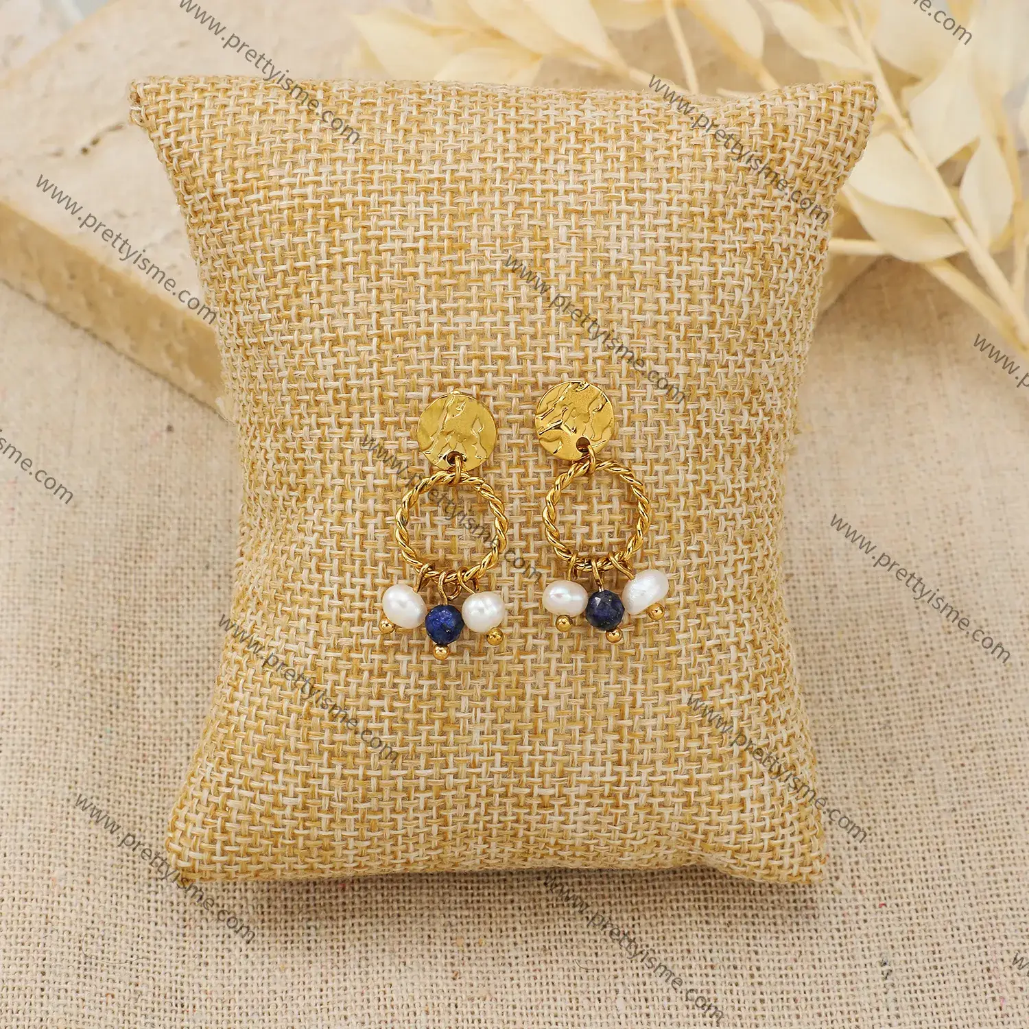 French Interwoven Hoop Earrings with Blue Pendant Stone Pearl Gold Plated 18K Stainless Steel Stud (4).webp