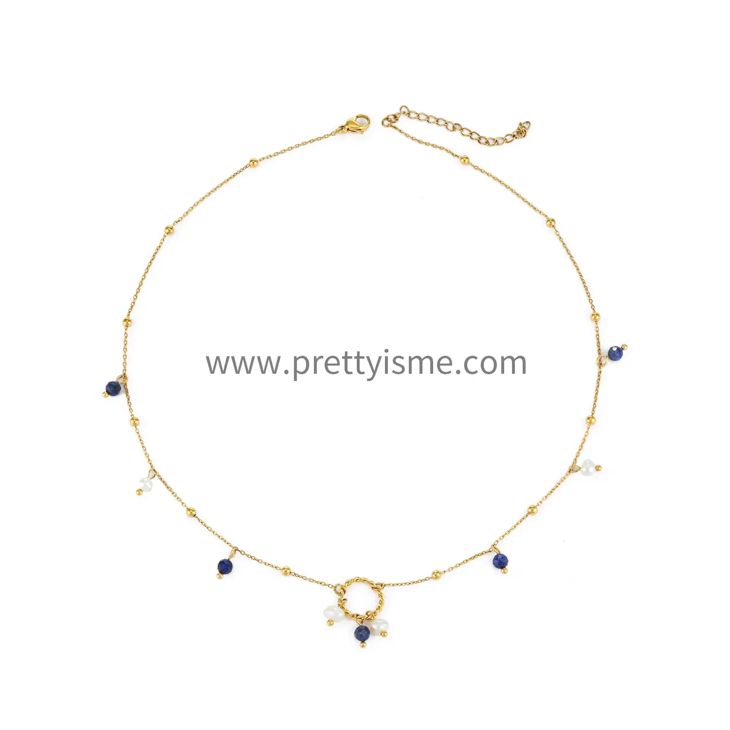 Stainless Steel Thin Necklace Intersecting Circle Pendant with Blue Stone White Pearl Gold Plated Necklace (4).webp