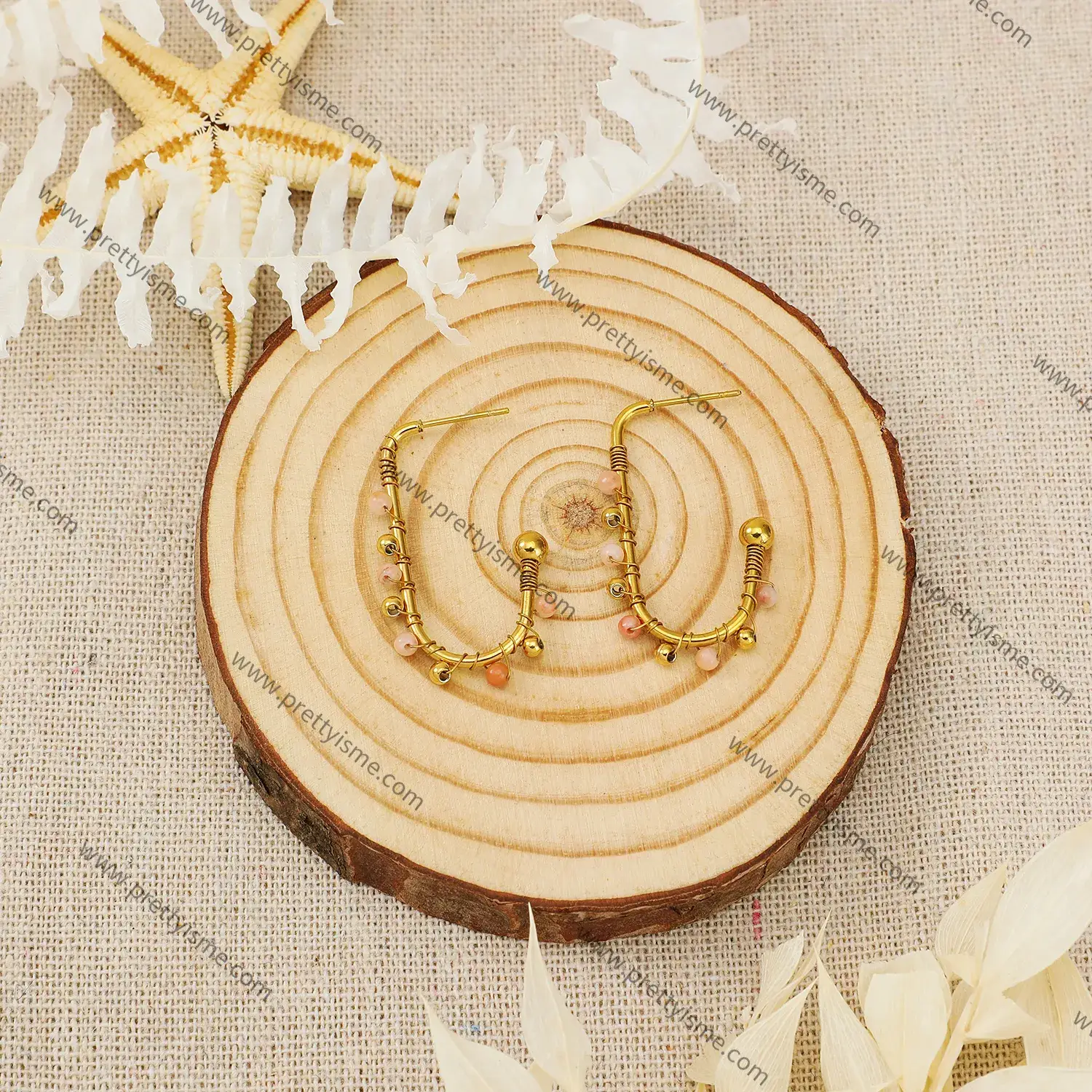 Stainless Steel Open Earrings Wrapped Colorful Beads Natural Stone Gold Plated 18K Stainless Steel Stud Earrings (4).webp