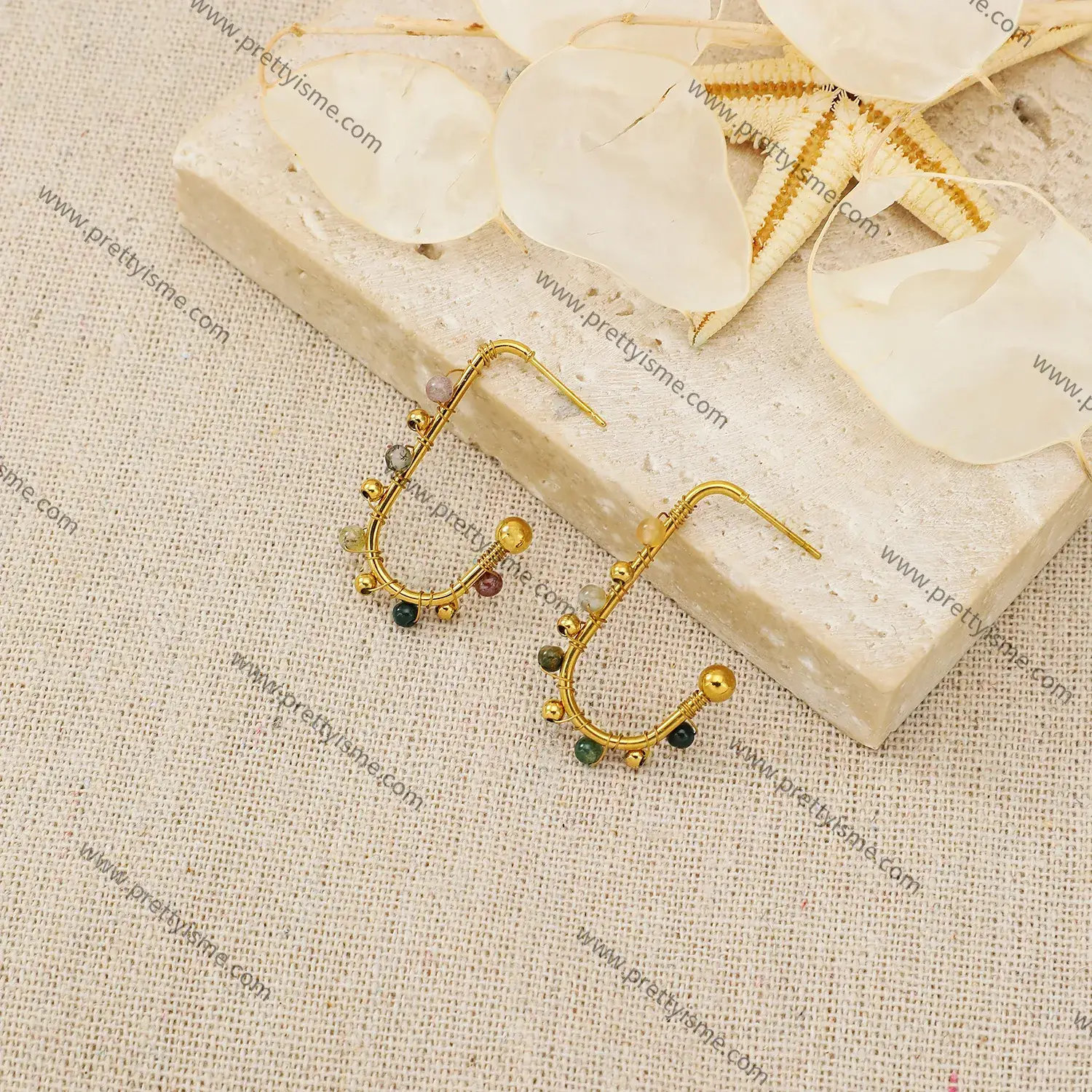 Stainless Steel Open Earrings Wrapped Colorful Beads Natural Stone Gold Plated 18K Stainless Steel Stud Earrings (3).webp