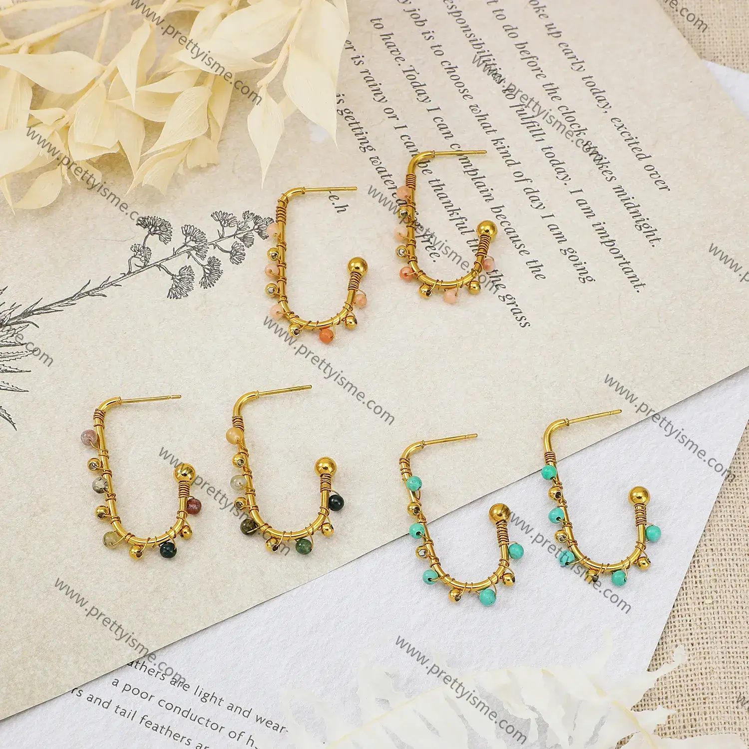 Stainless Steel Open Earrings Wrapped Colorful Beads Natural Stone Gold Plated 18K Stainless Steel Stud Earrings.webp