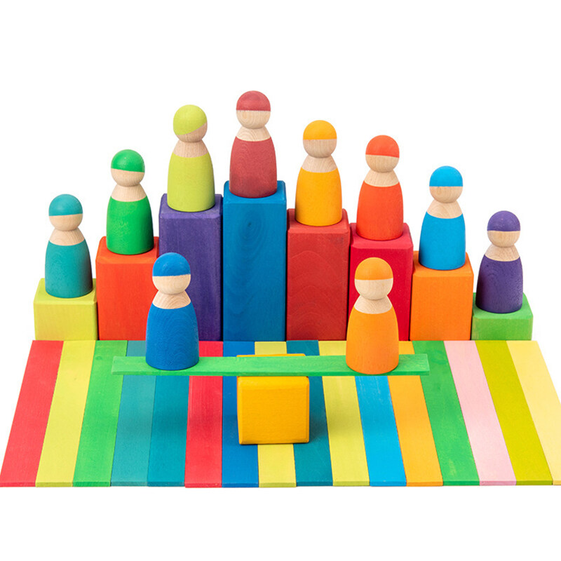 Bucket Builder wooden toys Set Montessori Educational Wooden Toys 12 Miniature Rainbow