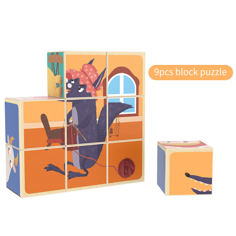 3d Puzzle Games toys Set Animal Custom Factory Wholesale Wooden Pattern Block 9pcs Cube
