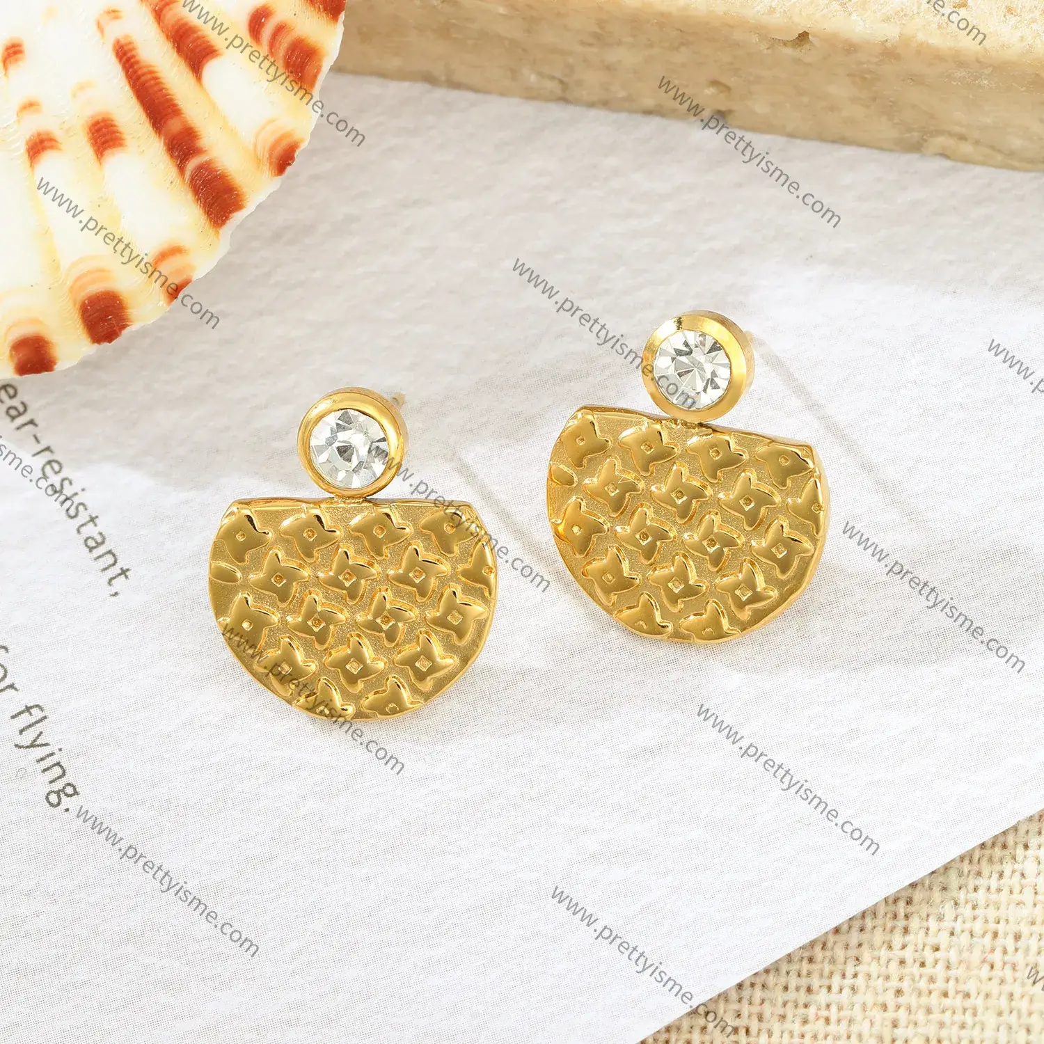 Half Round Stainless Steel 18K Gold Plated Earrings Unique Pattern Diamond Shiny Stud Earrings.webp