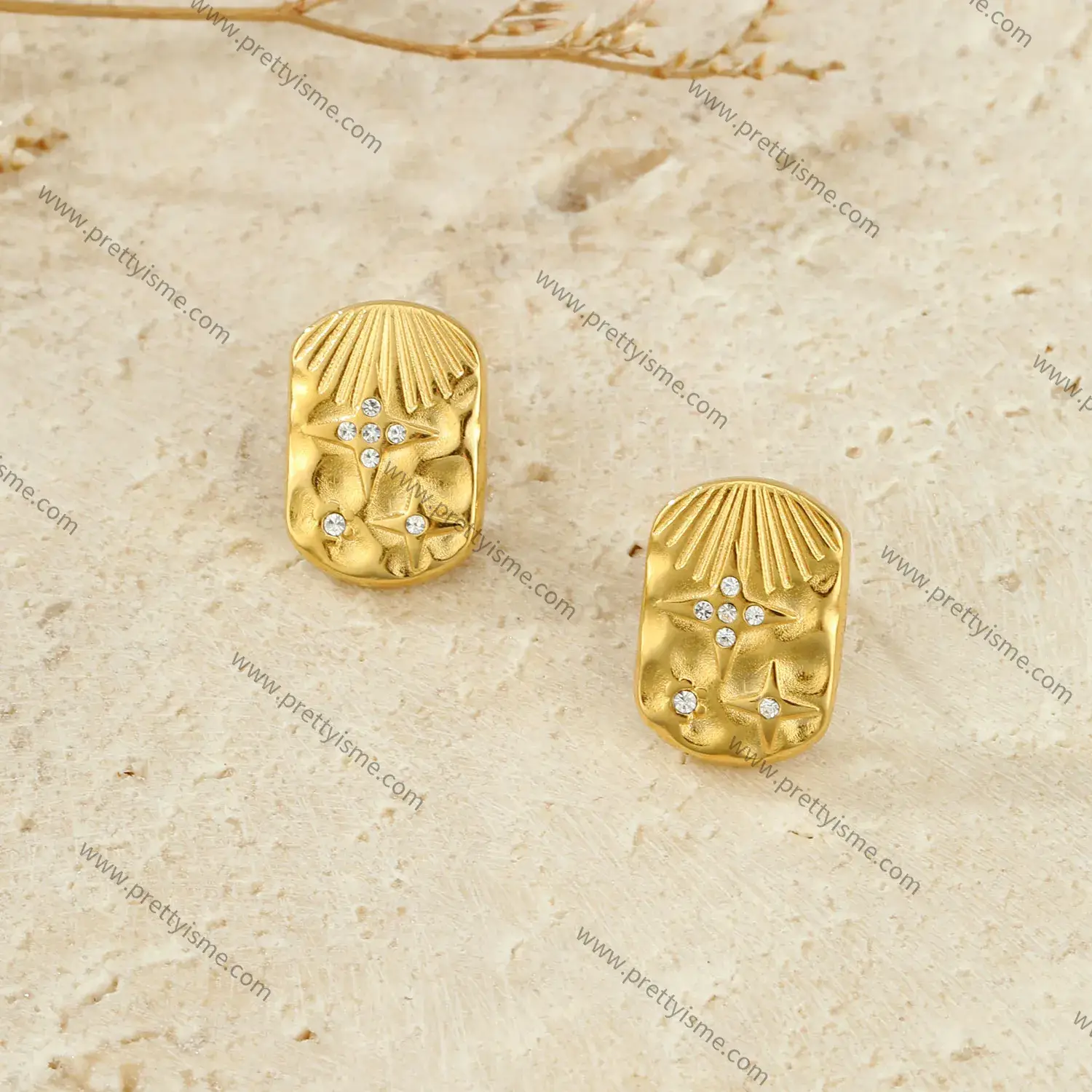 Shell Pattern Earrings Stainless Steel 18K Gold Plated Diamond Four Pointed Star Earrings (4).webp