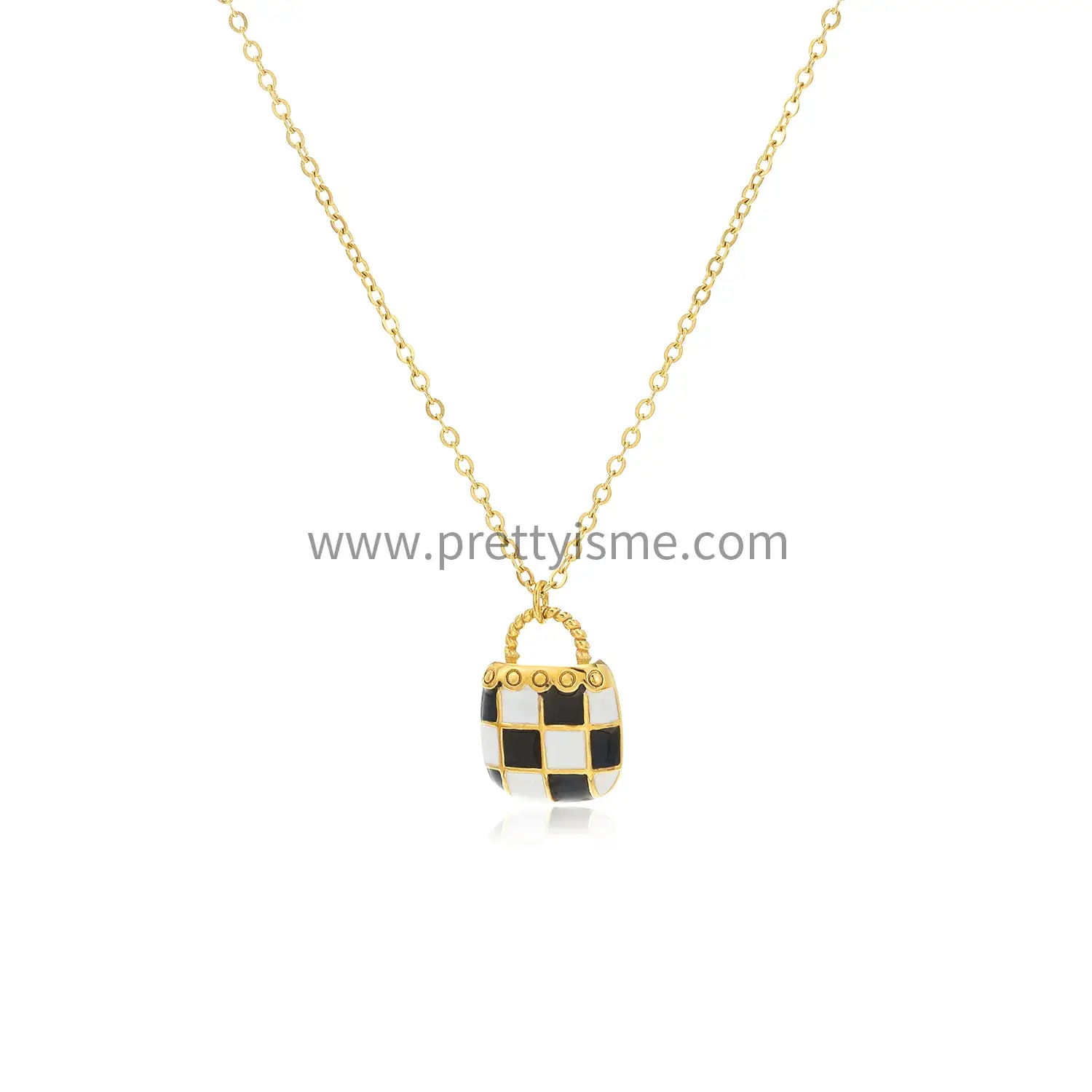 French Style Stainless Steel Gold Plated 18K Black and White Checkered Pendant Necklace Delicate Lovely Necklace (5).webp