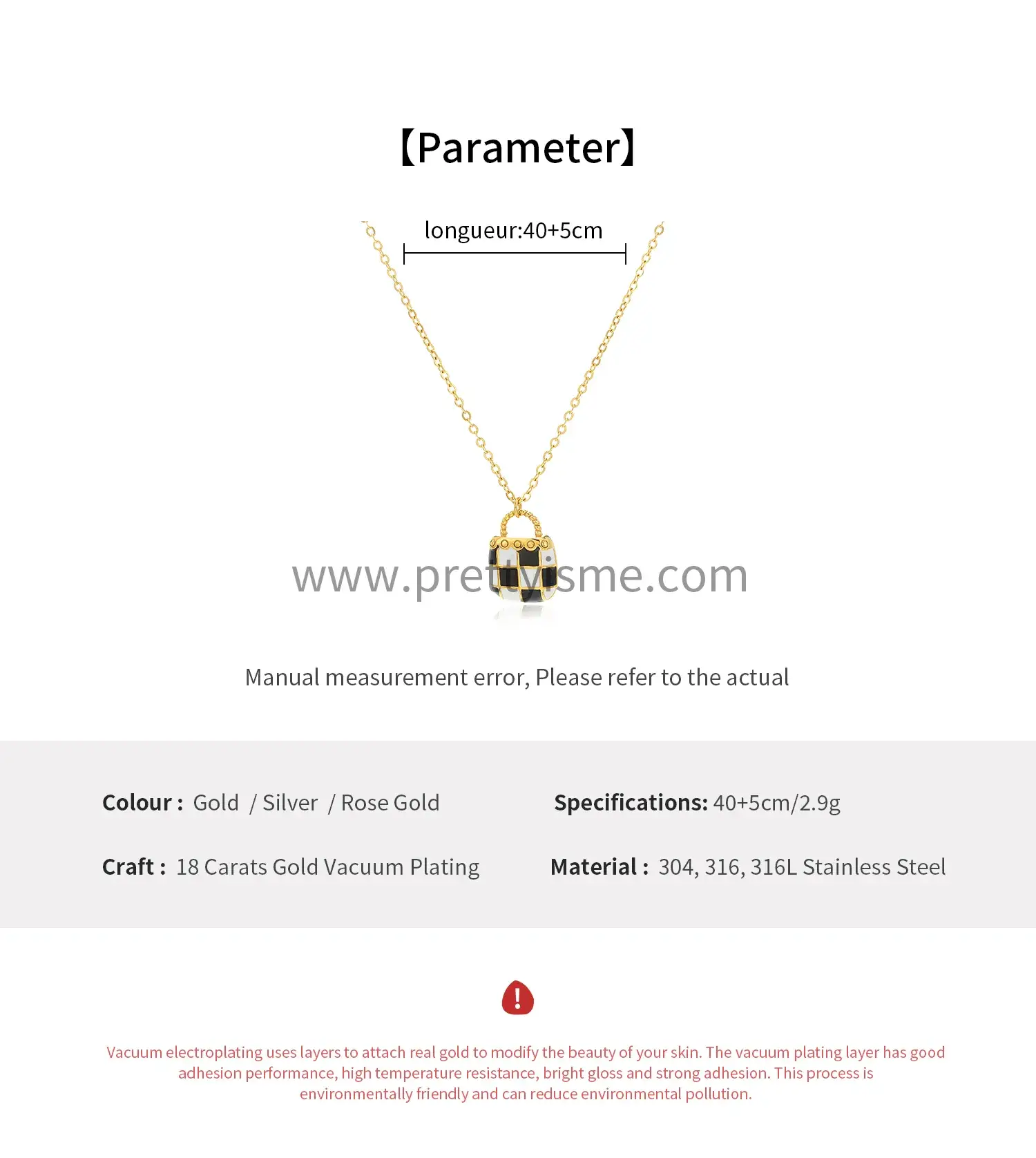 French Style Stainless Steel Gold Plated 18K Black and White Checkered Pendant Necklace Delicate Lovely Necklace (6).webp