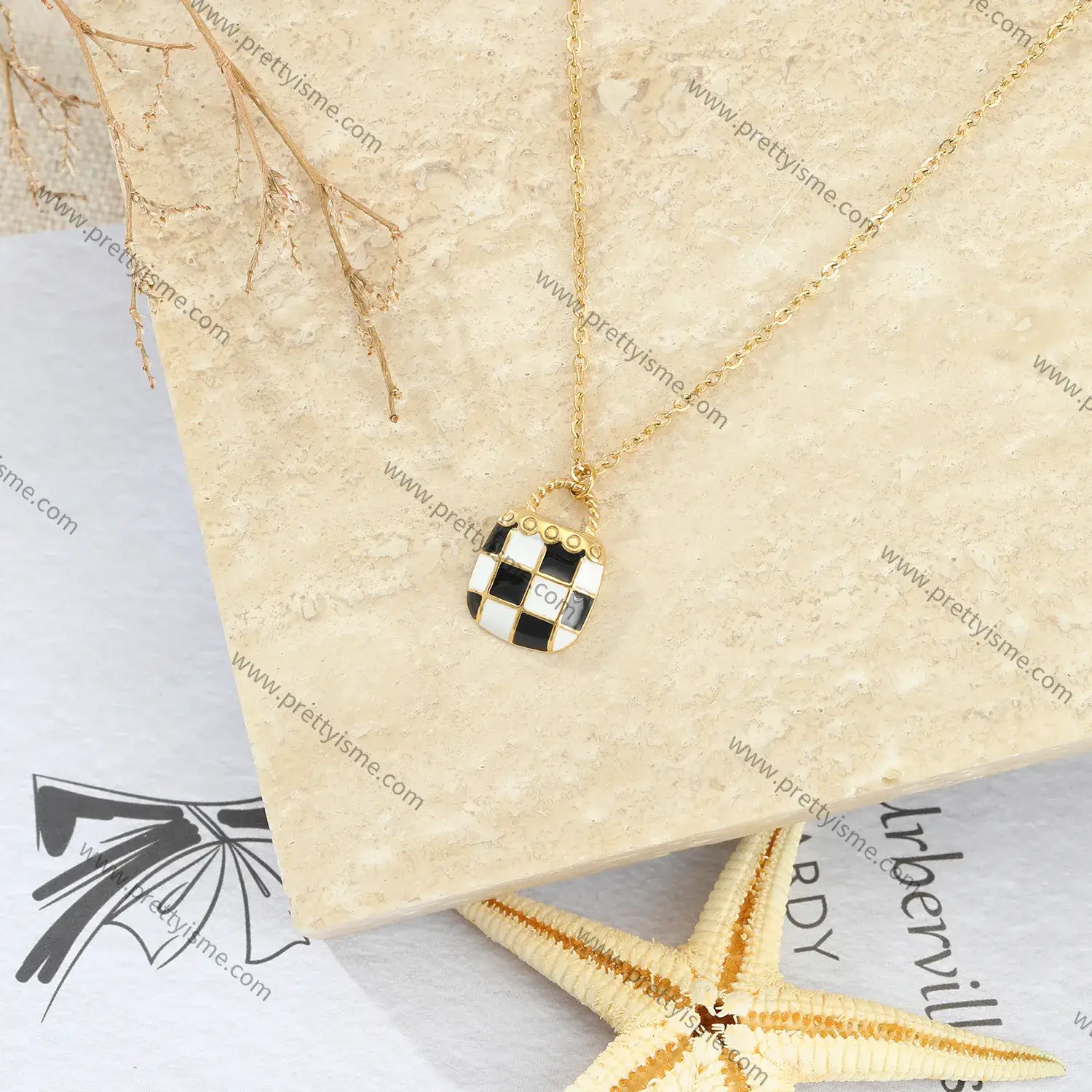 French Style Stainless Steel Gold Plated 18K Black and White Checkered Pendant Necklace Delicate Lovely Necklace (4).webp