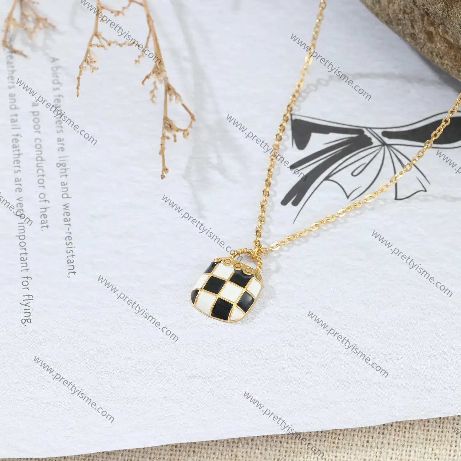 French Style Stainless Steel Gold Plated 18K Black and White Checkered Pendant Necklace Delicate Lovely Necklace.webp