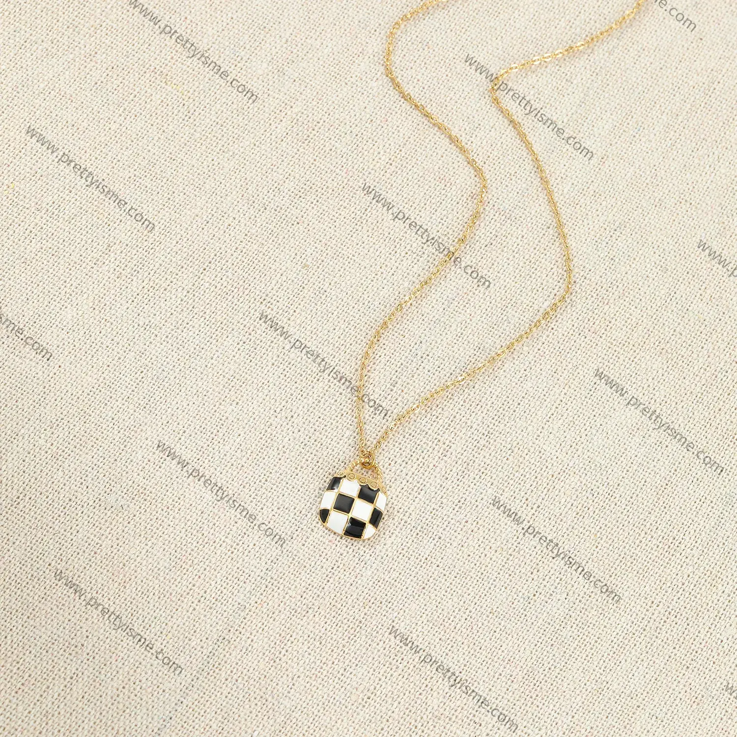 French Style Stainless Steel Gold Plated 18K Black and White Checkered Pendant Necklace Delicate Lovely Necklace (3).webp