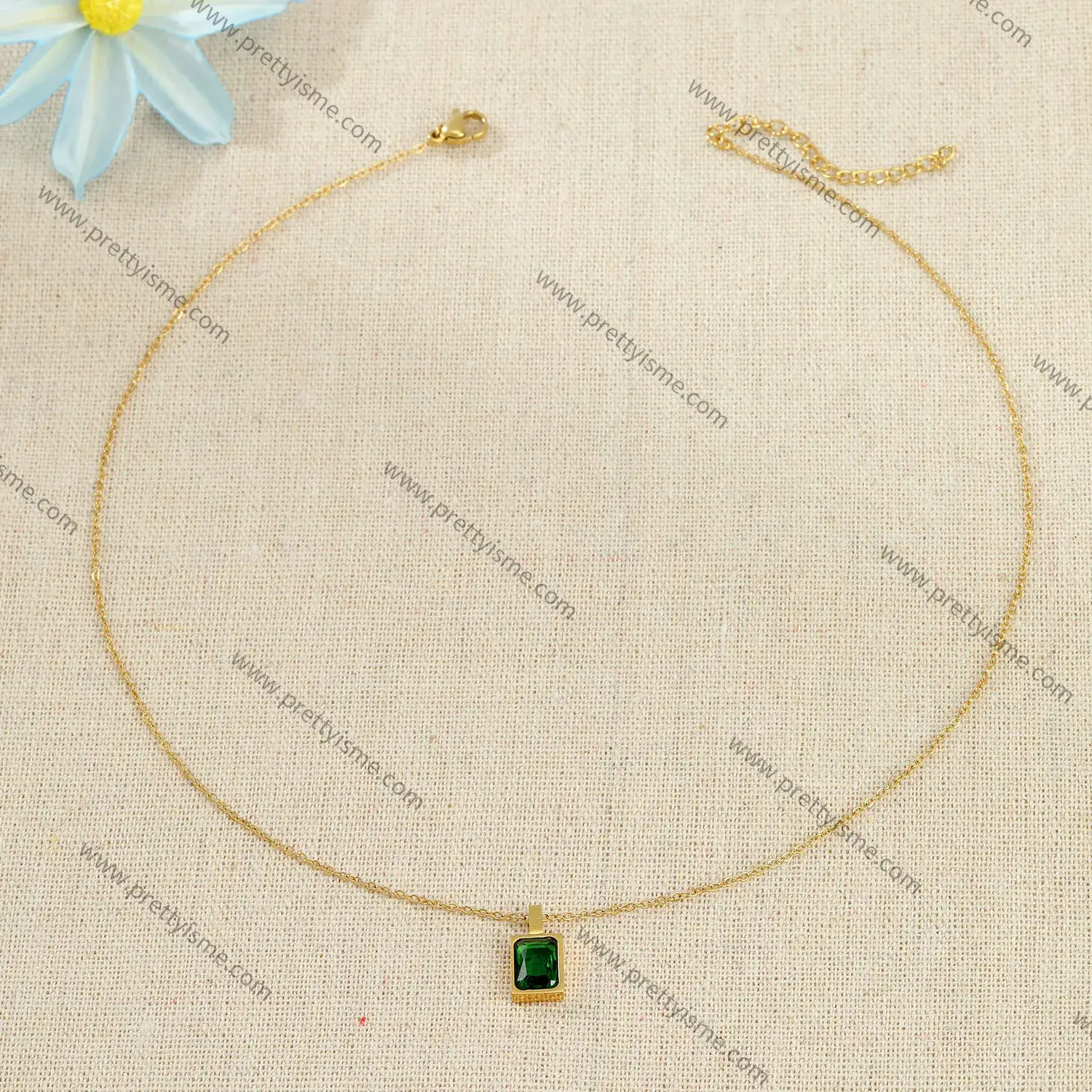 Green Gemstone Delicate Lovely Small Square Pendant Stainless Steel Gold Plated 18K Thin Necklace.webp