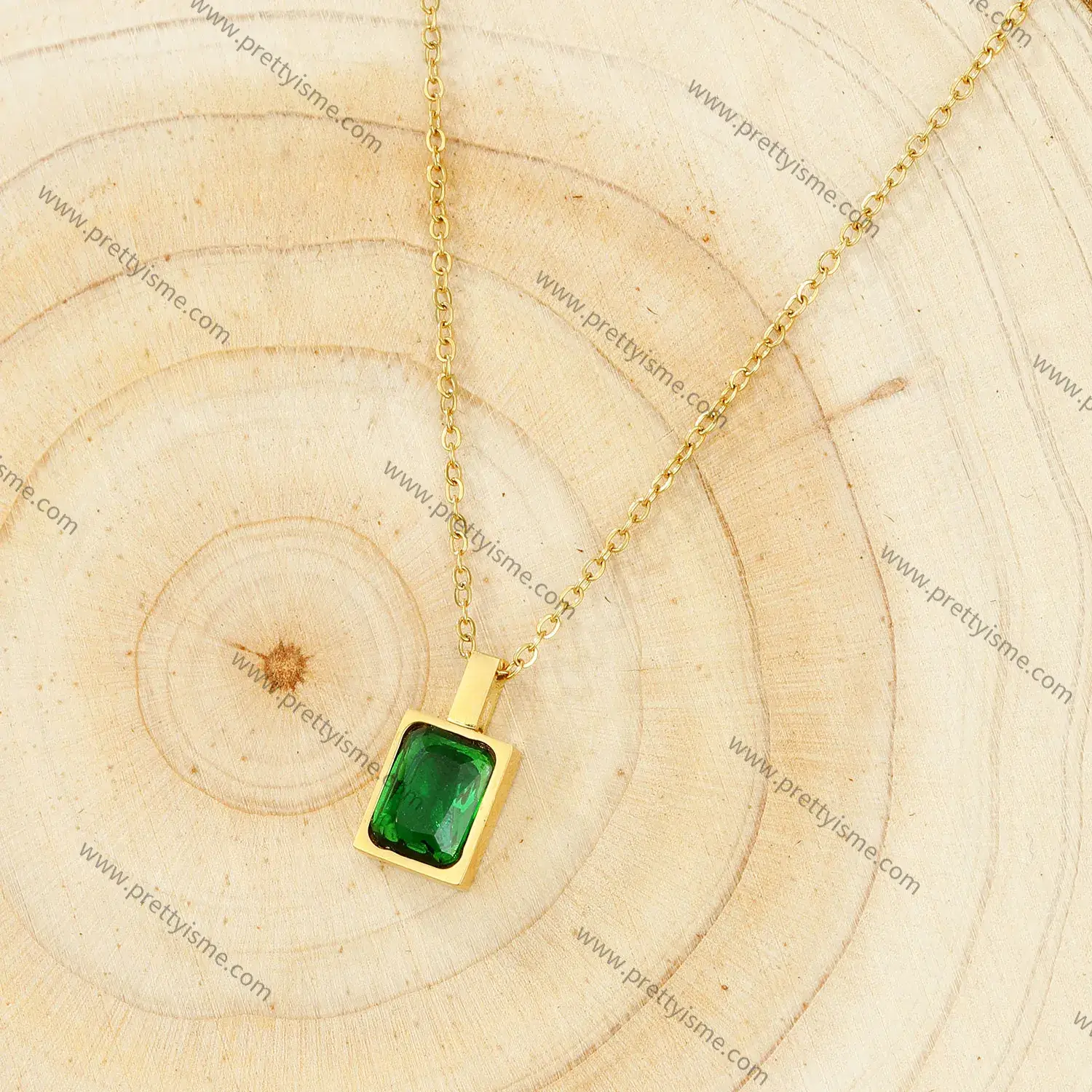 Green Gemstone Delicate Lovely Small Square Pendant Stainless Steel Gold Plated 18K Thin Necklace (4).webp