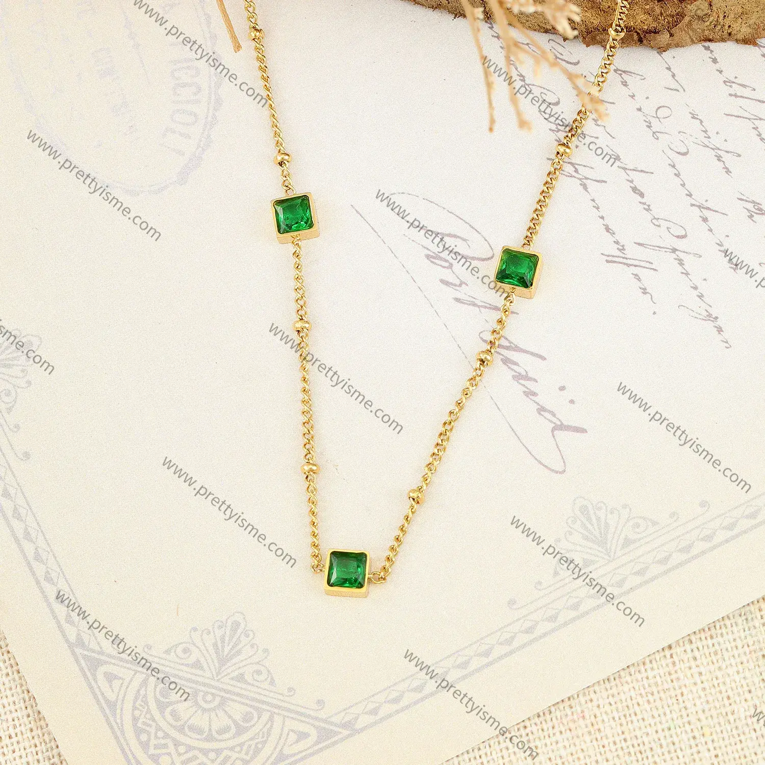 Delicate French Style Stainless Steel Gold Plated 18K Thin Necklace Set with Small Green Squares (4).webp