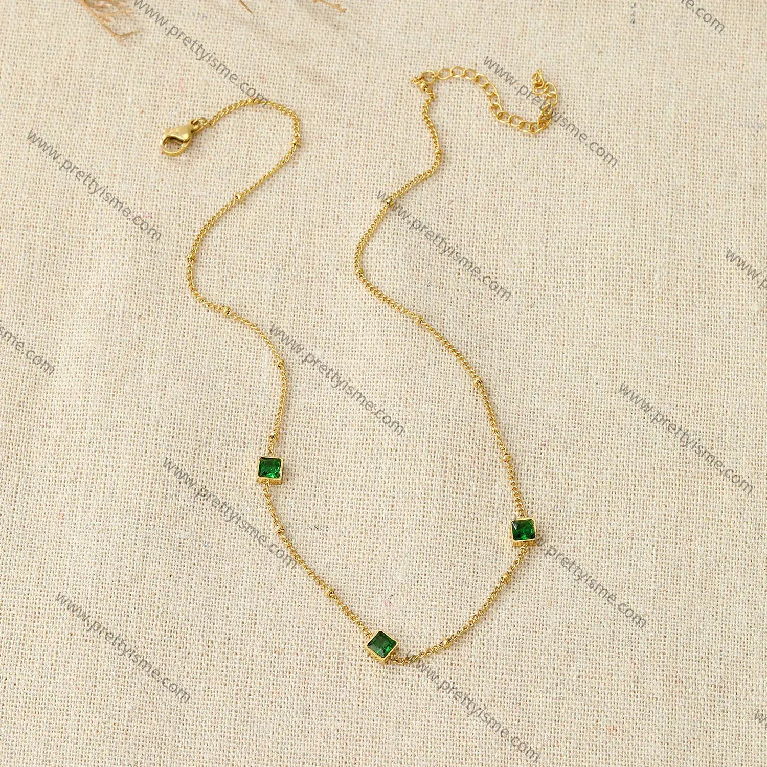 Delicate French Style Stainless Steel Gold Plated 18K Thin Necklace Set with Small Green Squares.webp